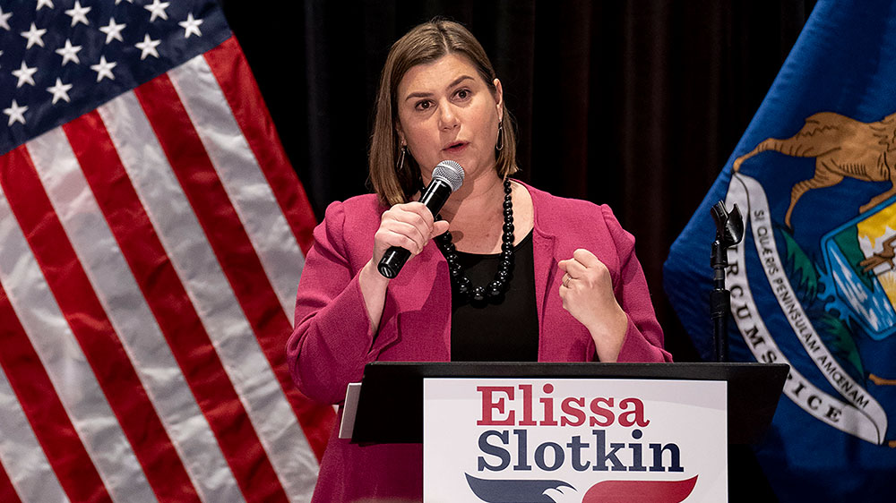 Slotkin addresses supporters at her election night watch party on November 8, in East Lansing, Michigan.