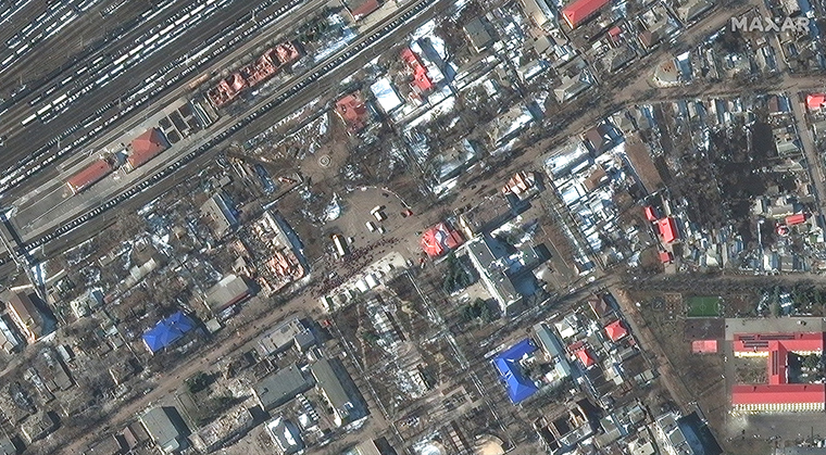 Destroyed buildings are seen in Volnovakha, Ukraine.