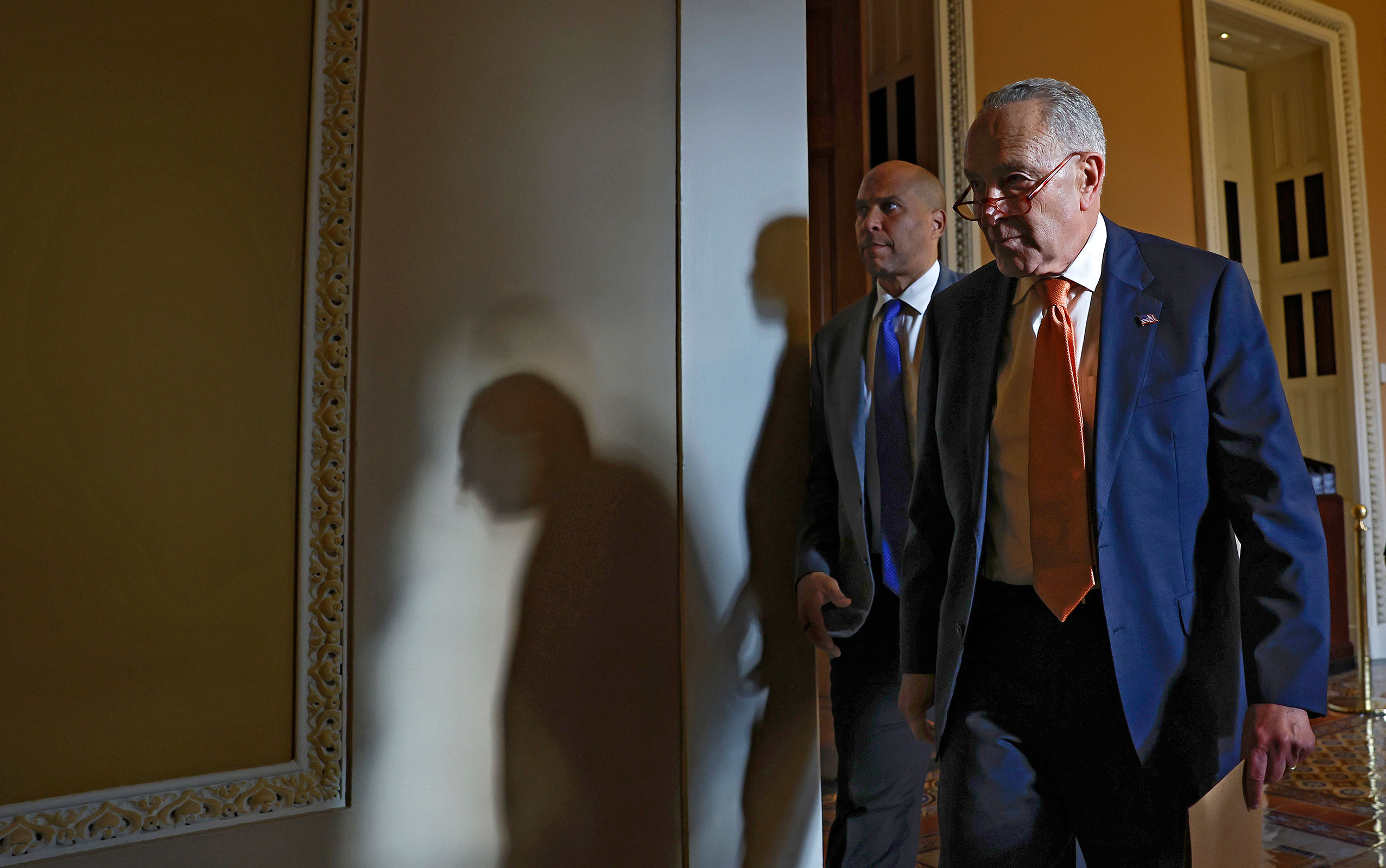 Senate Majority Leader Chuck Schumer leave a meeting with Senate Democrats at the Capitol Building on September 30, 2023 in Washington, DC. 