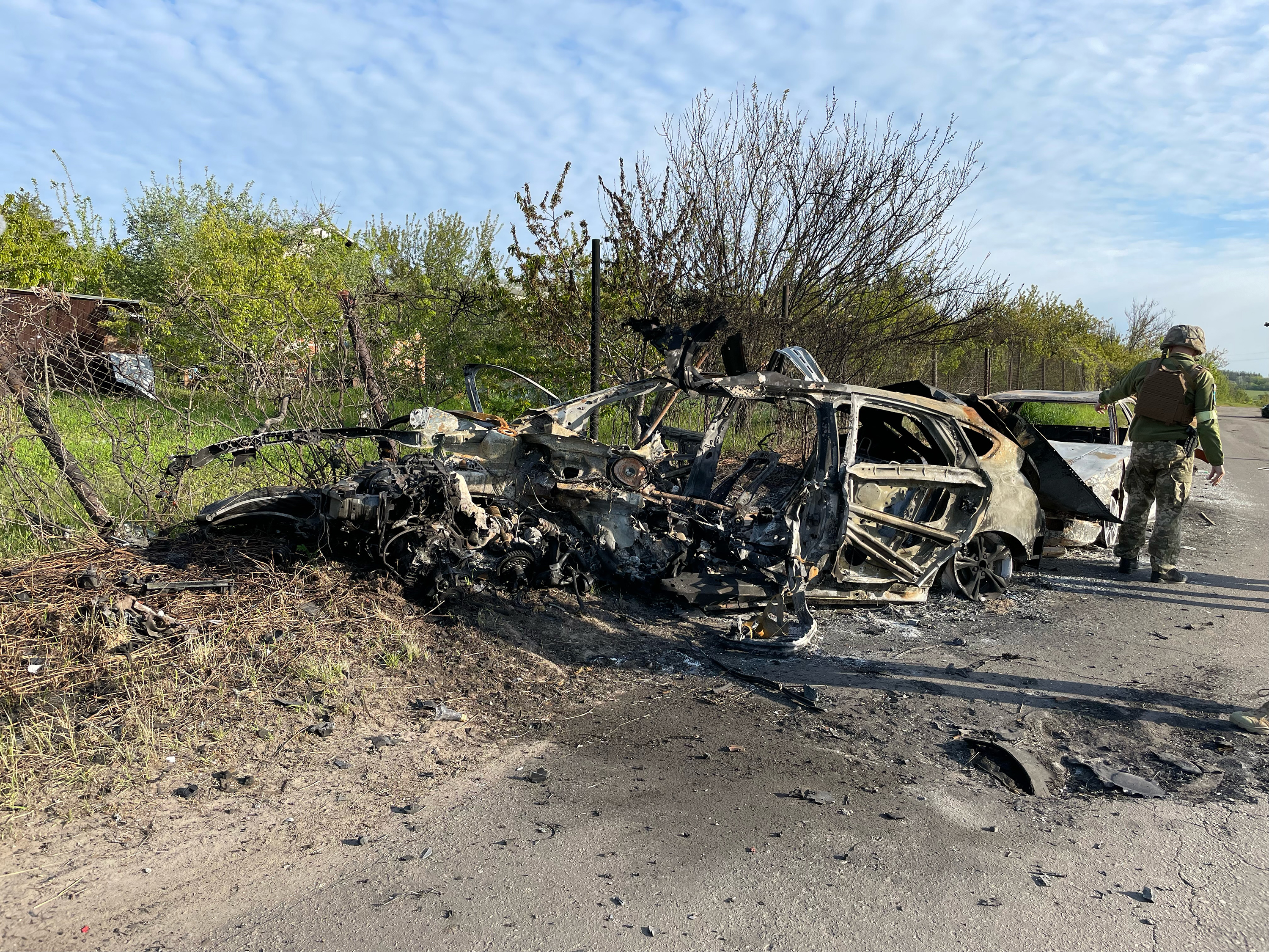 Convoys of vehicles were trying to leave Staryi Saltiv when they were shot up by Russian troops, according to Ukrainian officials.