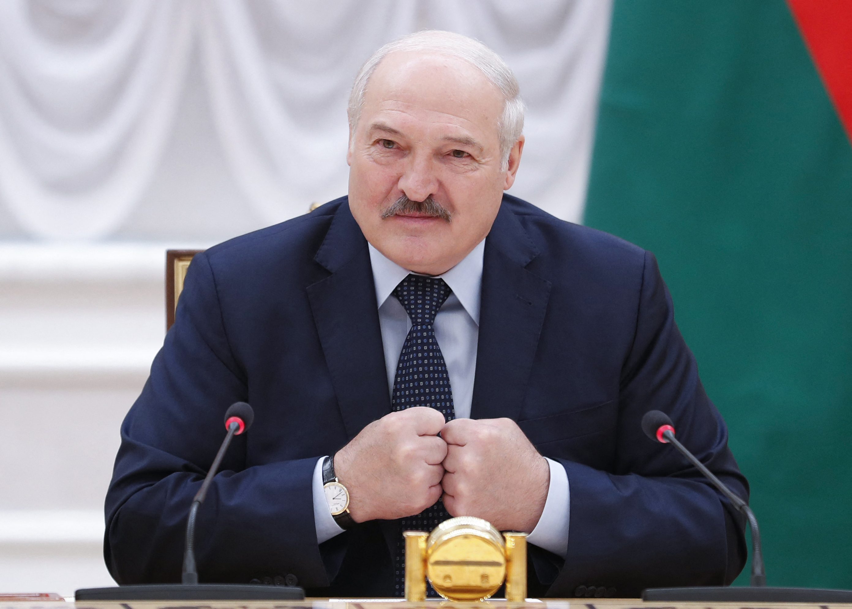 Belarusian President Alexander Lukashenko speaks during a meeting with Commonwealth of Independent States officials in Minsk on May 28.