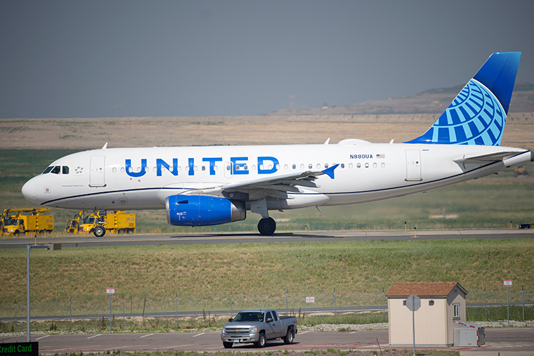 A United Airlines jetliner taxis down a runway for take off from Denver International Airport in Denver on July 2, 2021.