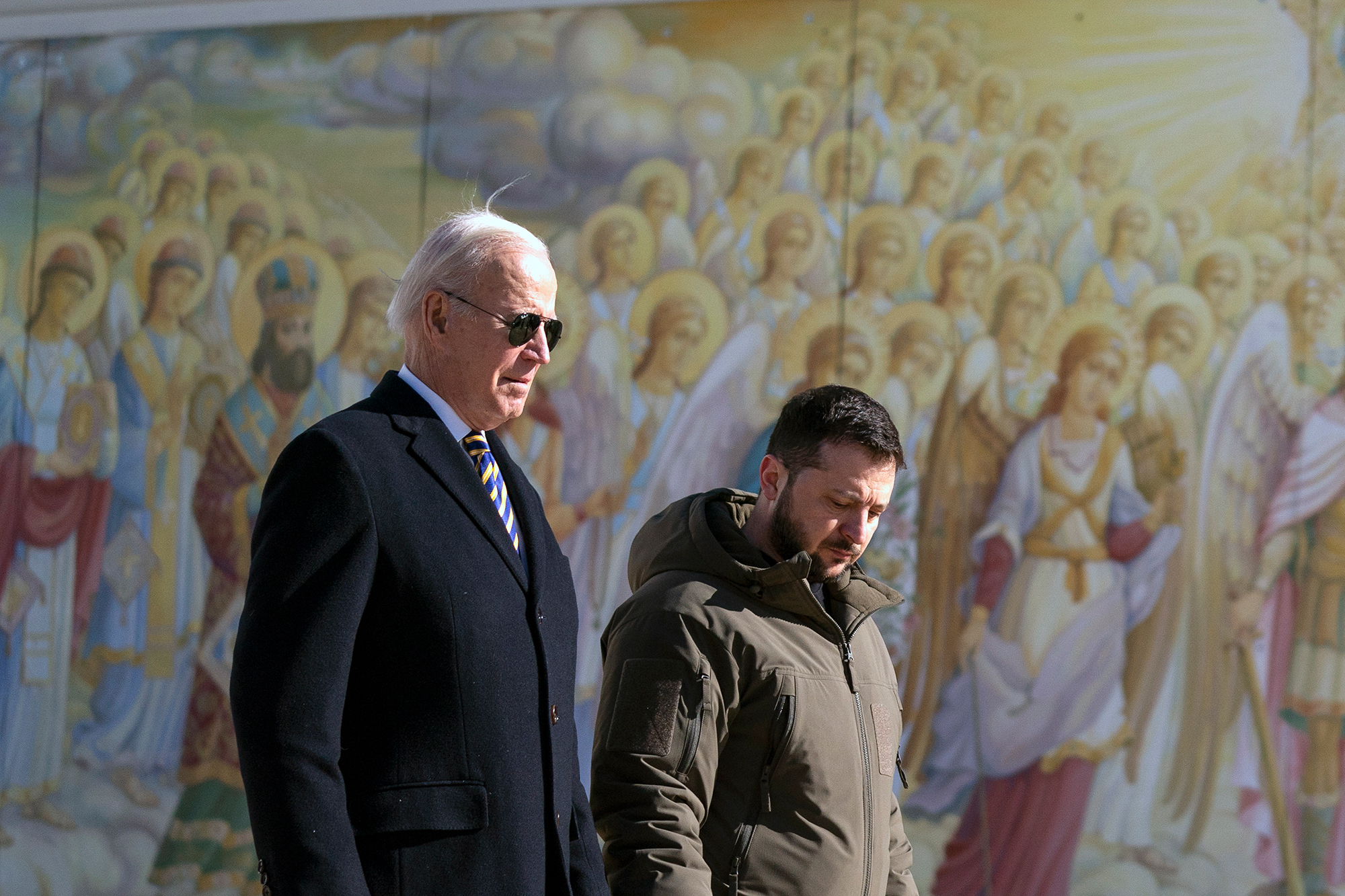 US President Joe Biden walks with Ukrainian President Volodymyr Zelensky at St. Michaels Golden-Domed Cathedral during an unannounced visit in Kyiv, Ukraine, on Monday, February 20.
