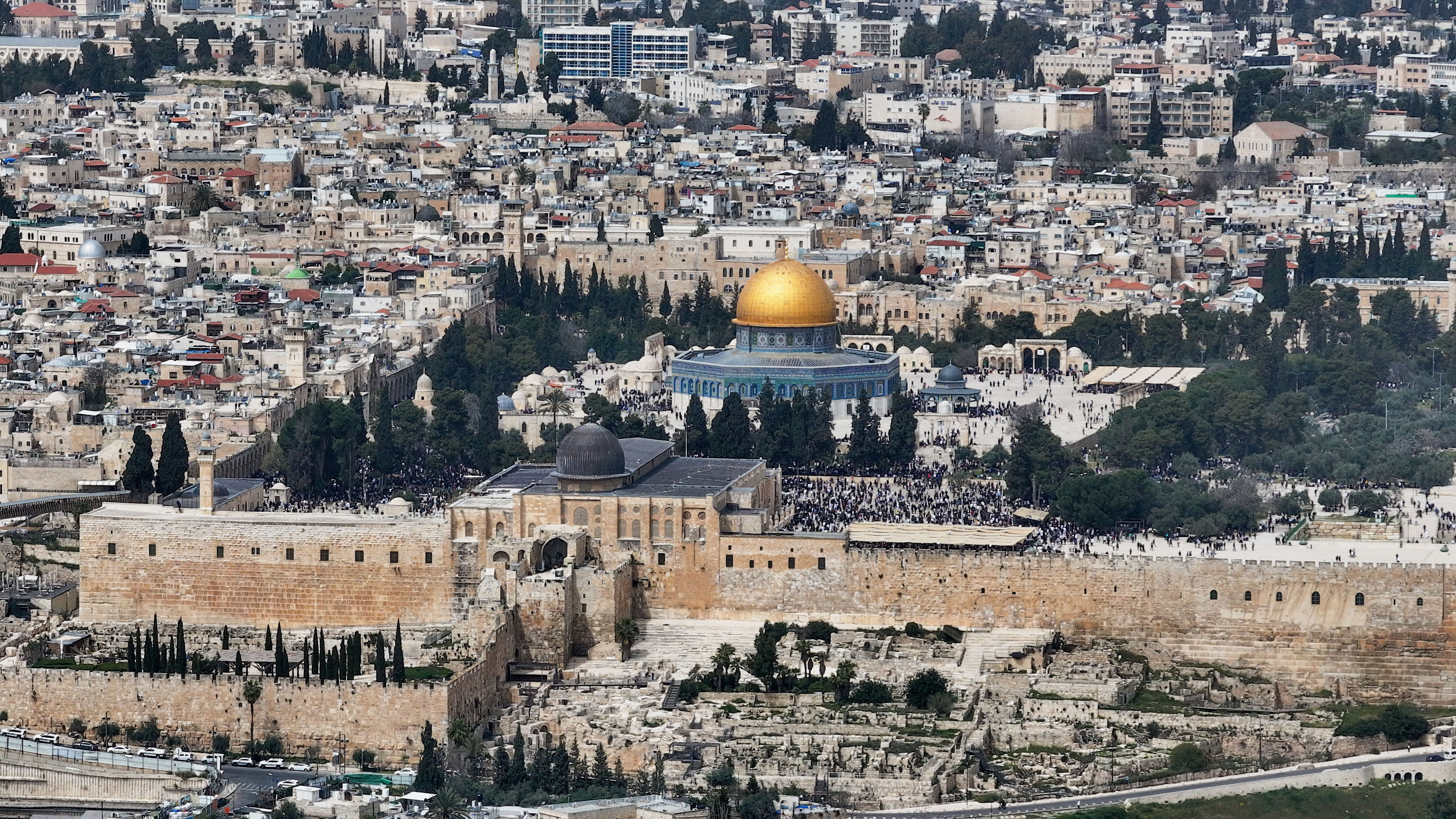 A drone view shows the Dome of the Rock on the al-Aqsa mosque compound, also known as the Temple Mount by Jews, in Jerusalem's Old City on March 29.