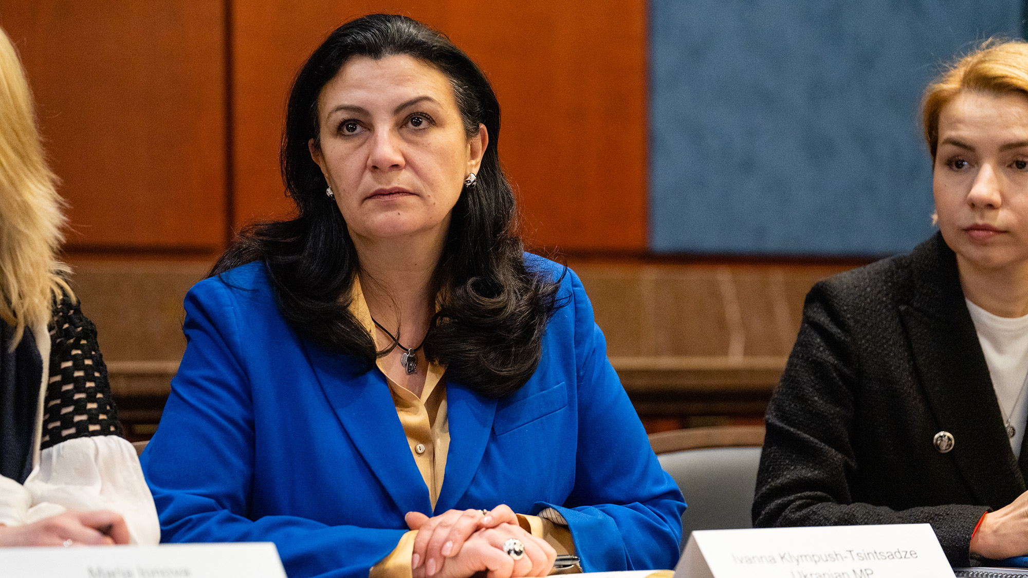 Ivanna Klympush-Tsintsadze, a member of the Ukrainian Parliament, listens during a meeting between the Senate Ukraine Caucus and members of the Ukrainian Parliament and Polish Parliament at the US Capitol on Wednesday, March 30.