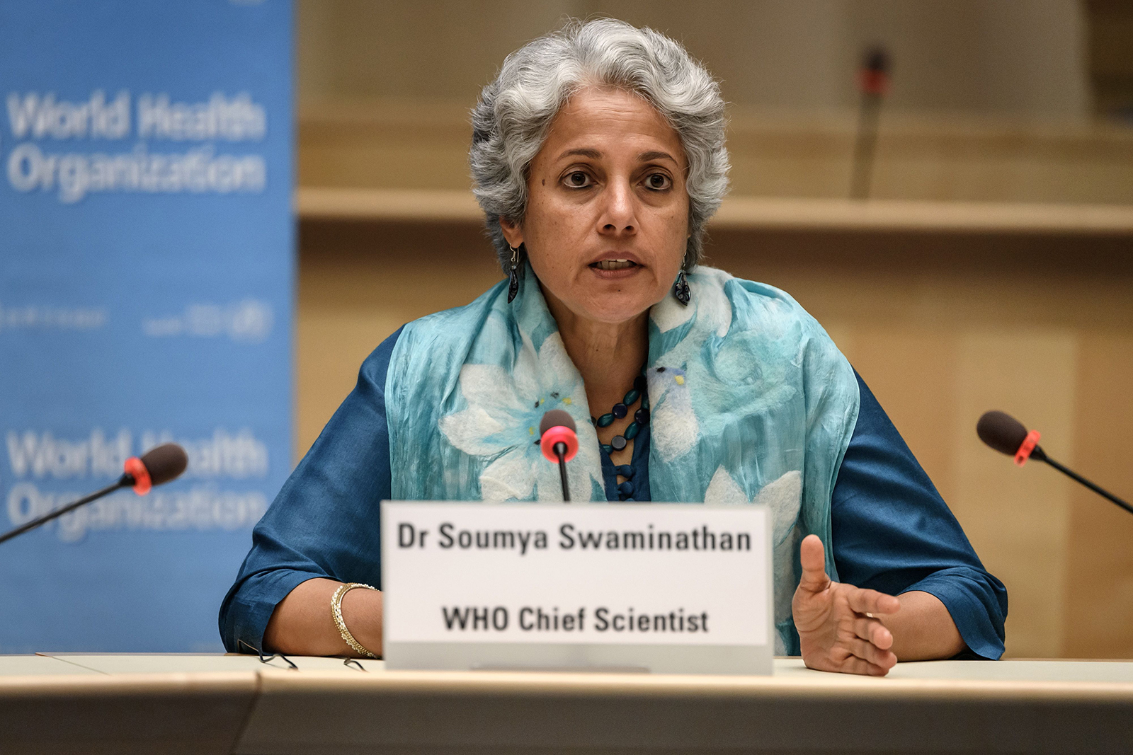 World Health Organization (WHO) Chief Scientist Soumya Swaminathan attends a news conference at WHO headquarters in Geneva, Switzerland, on July 3.