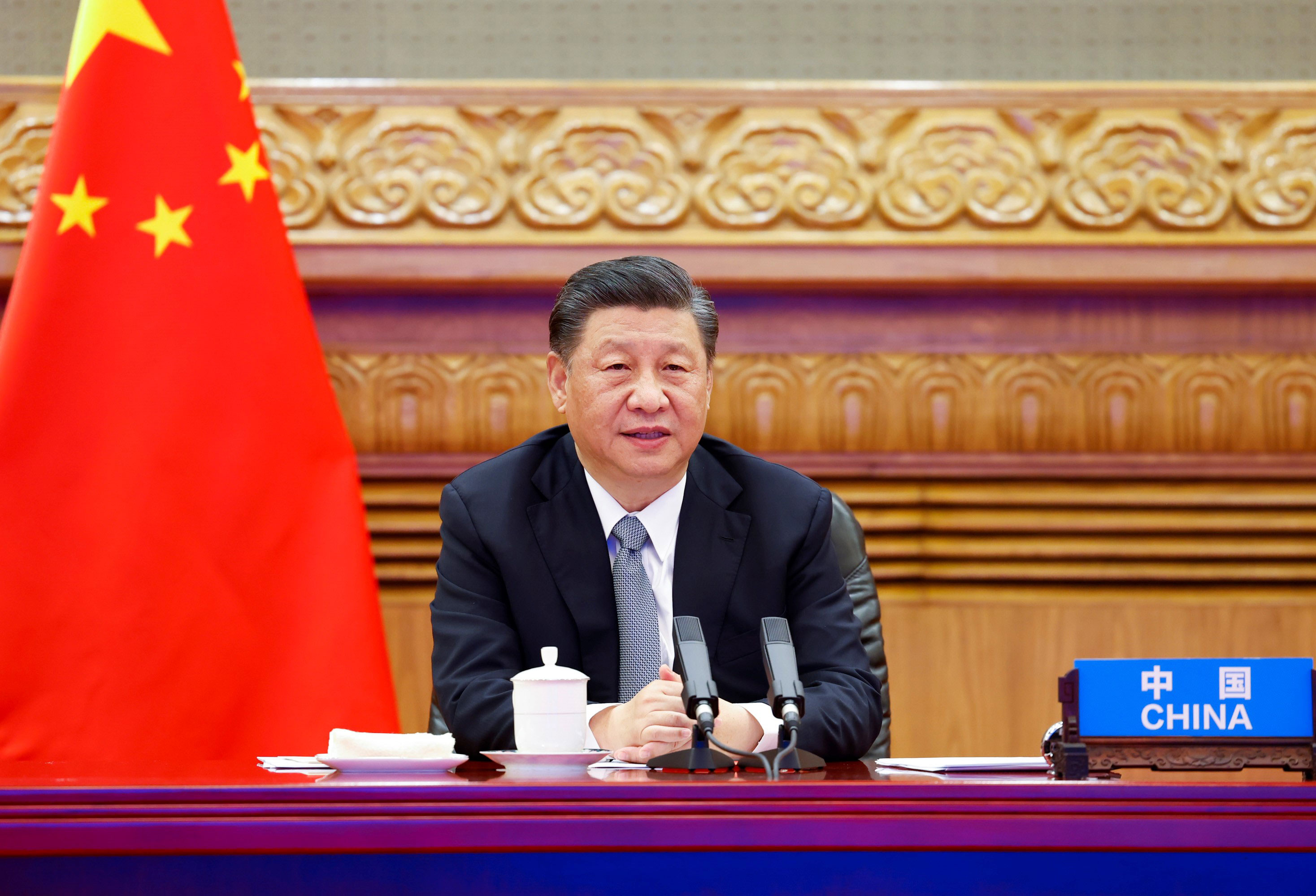 Chinese President Xi Jinping attends the Leaders Summit on Climate via video in Beijing on April 22.