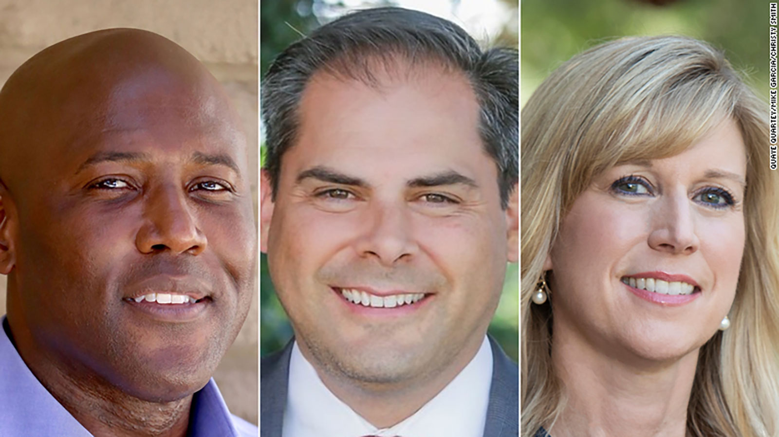 Democrat Quaye Quartey, left, GOP Rep. Mike Garcia, center, and Democratic former state Assemblywoman Christy Smith, right. 