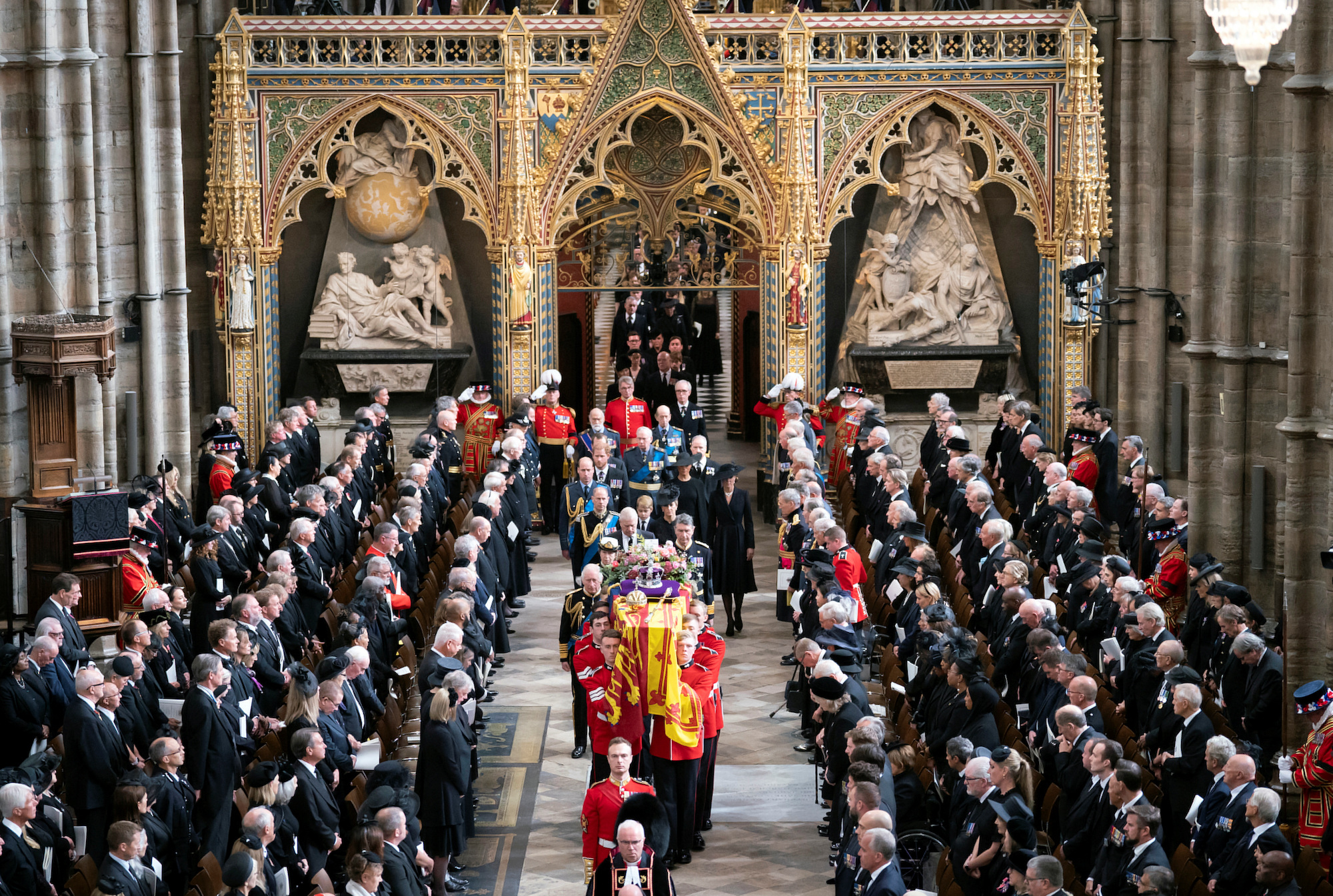The coffin of Queen Elizabeth II, is carried out of Westminster Abbey after her state funeral.