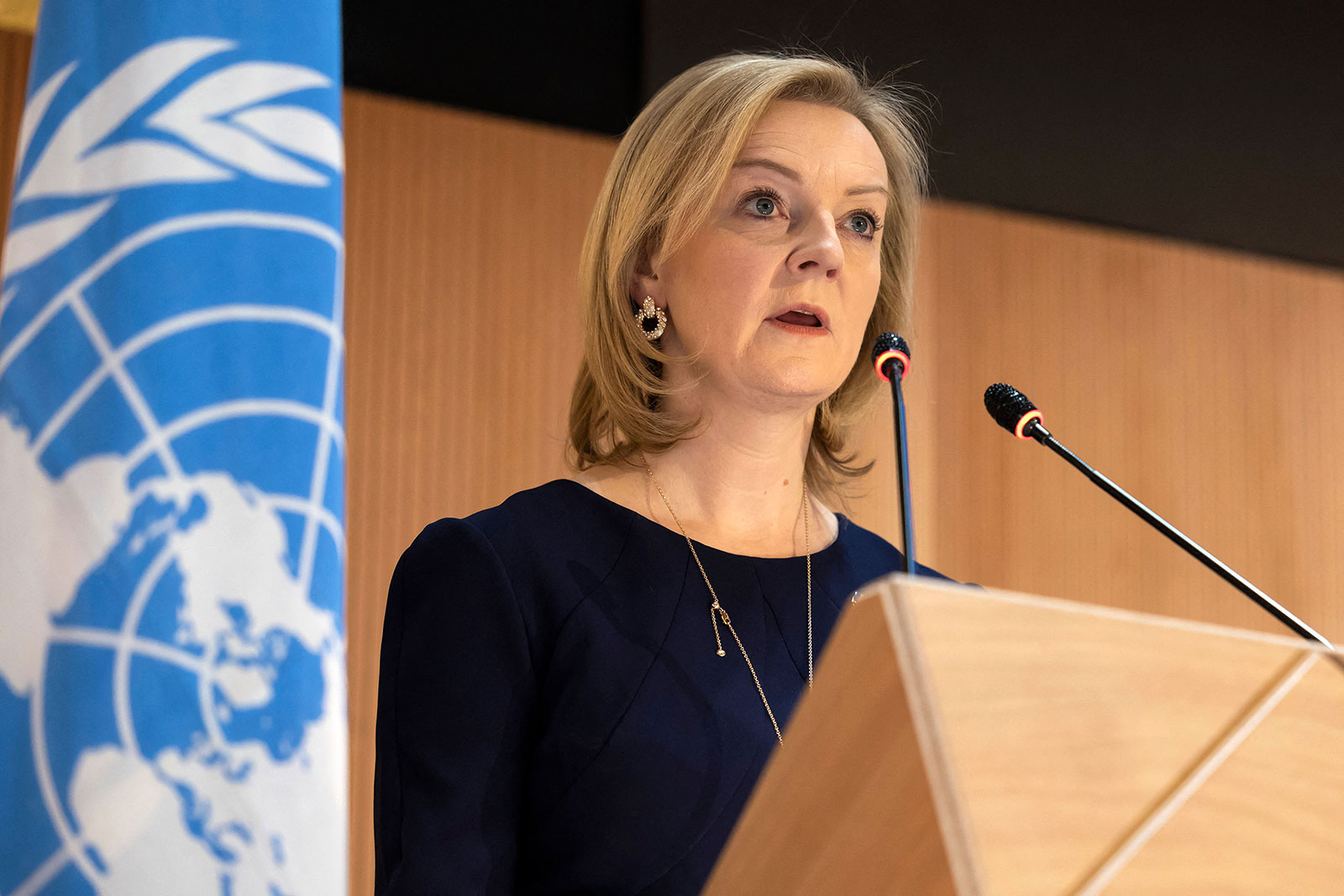 Britain's Foreign Secretary Liz Truss speaks during a session of the UN Human Rights Council in Geneva on March 1.