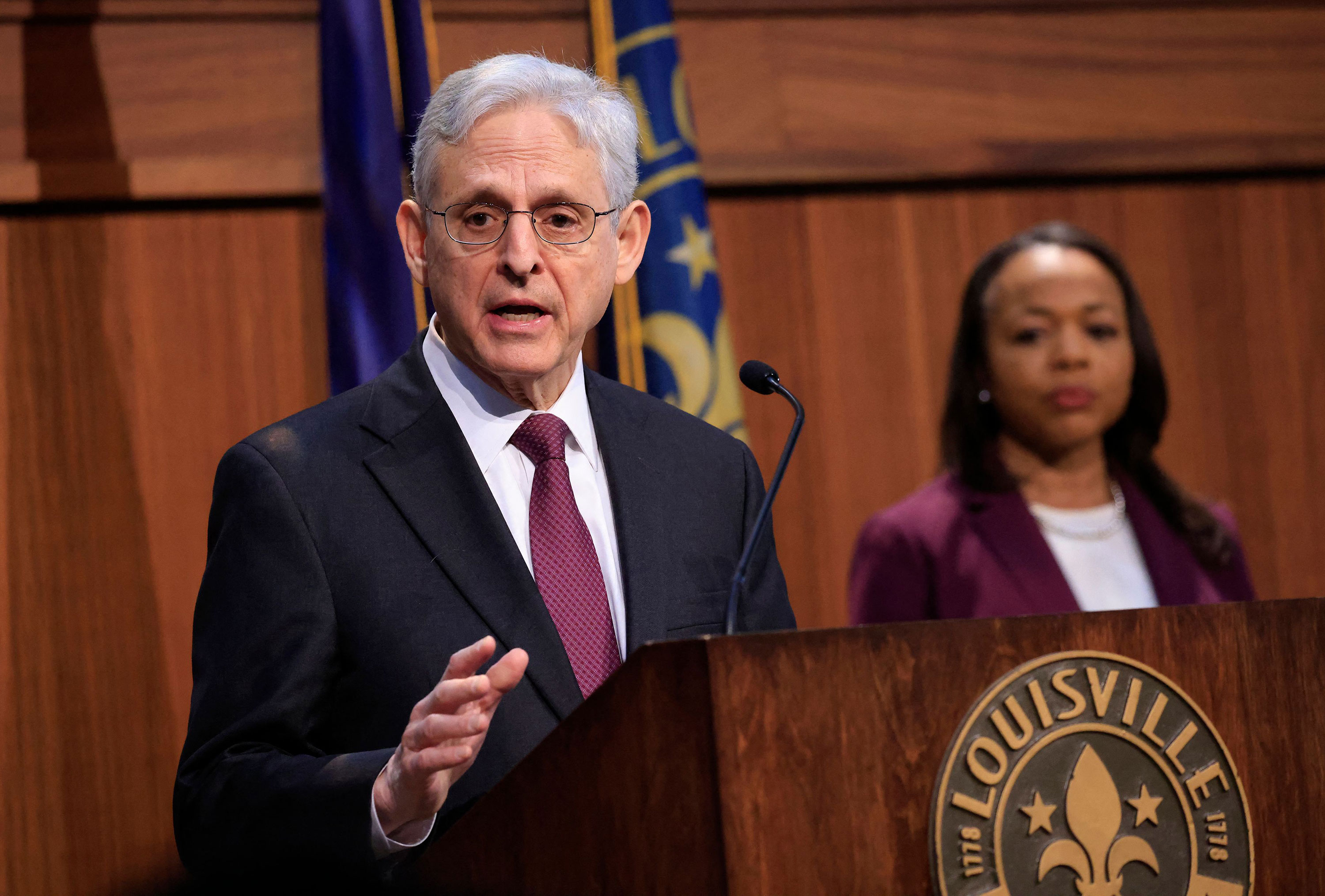 Attorney General Merrick Garland speaks during a press conference on the Justice Department's findings of the civil rights investigation into the Louisville Metro Police Department and Louisville Metro Government on March 8 in Louisville, Kentucky. 