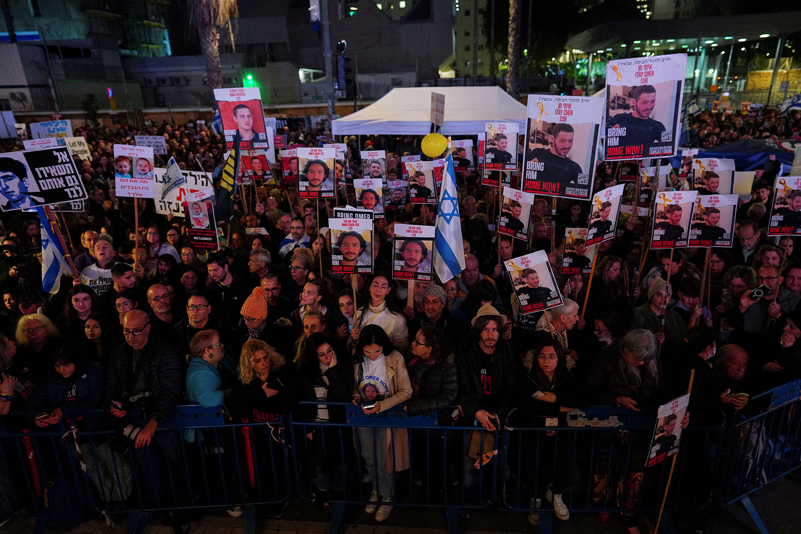 Demonstrators gathered for a 24-hour protest at "Hostages Square", calling for the release of Israeli hostages in Gaza and to mark 100 days since the October 7 attack by Palestinian Islamist group Hamas, amid the ongoing conflict between Israel and Hamas, in Tel Aviv, Israel, on January 13.