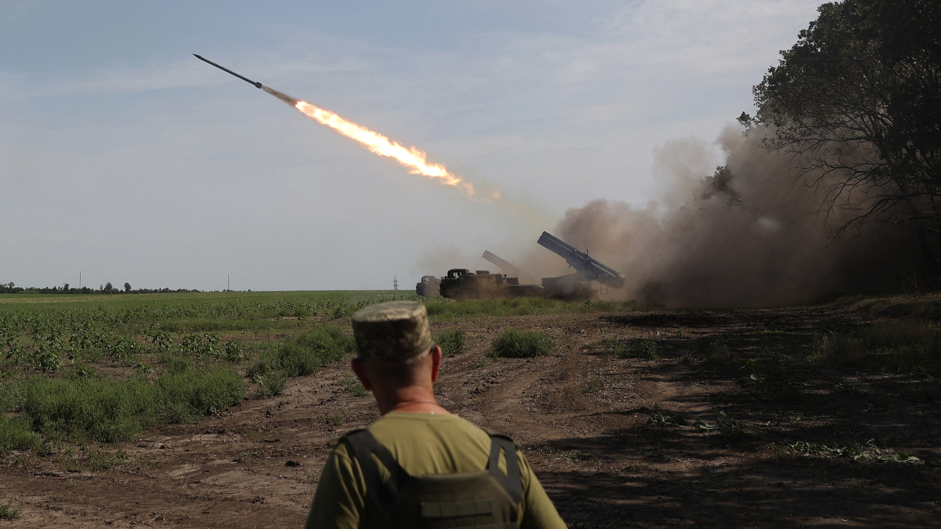 A Ukrainian artillery unit fires a rocket launcher near a frontline position in Donetsk region on August 27. 