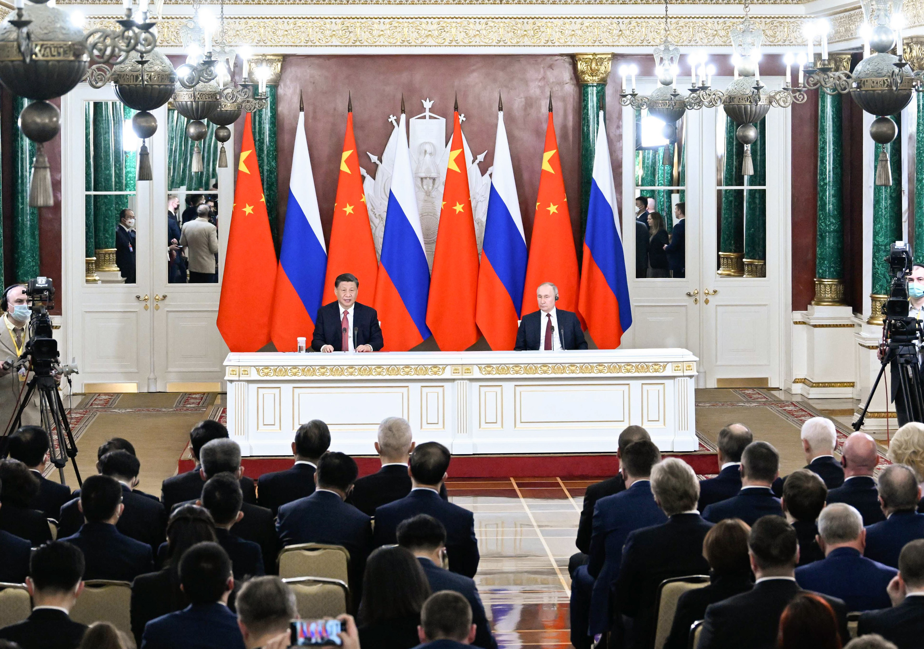 Chinese President Xi Jinping and Russian President Vladimir Putin meet the press after their talks at the Kremlin in Moscow, Russia on March 21.