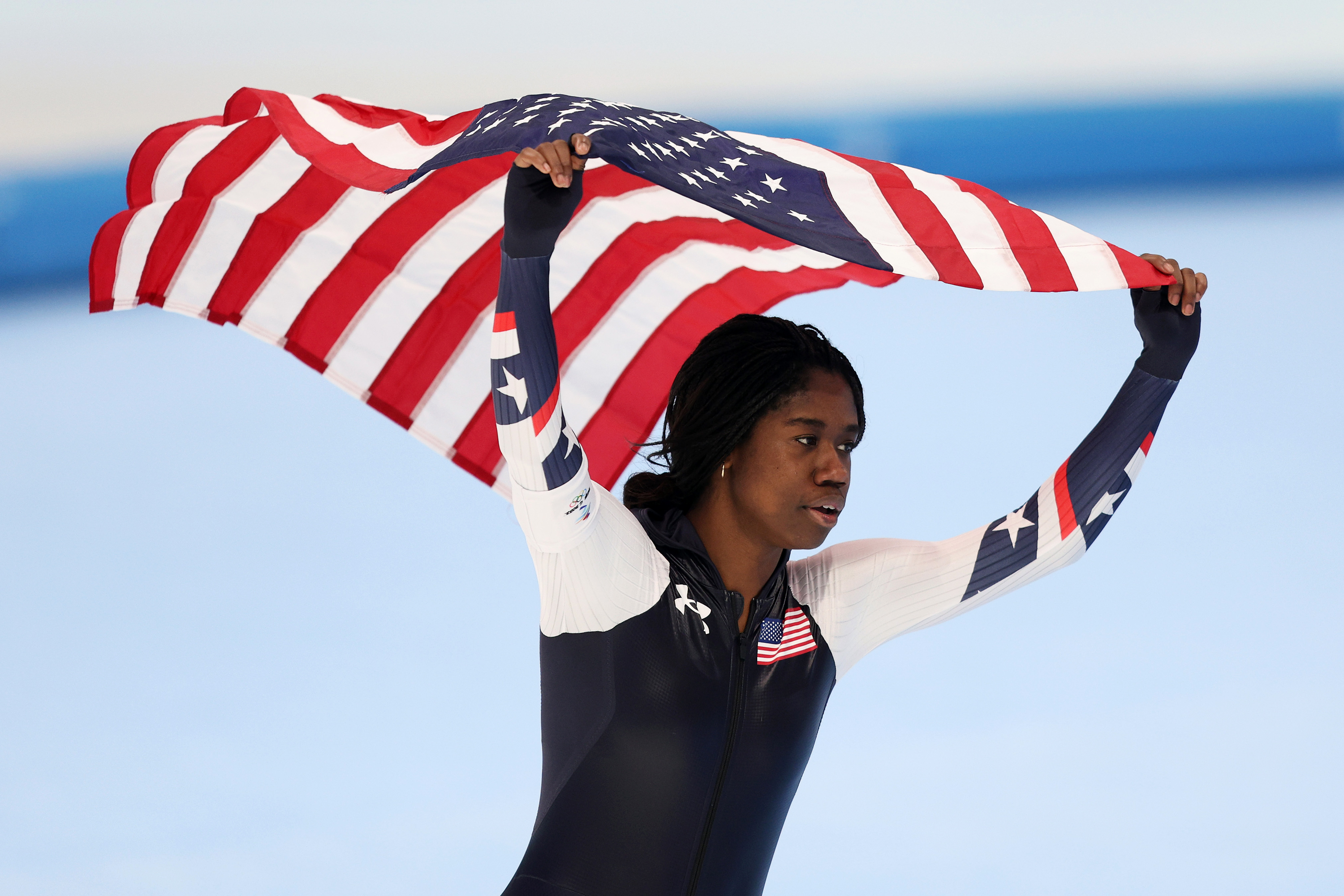 Erin Jackson of the United States celebrates after winning the gold medal for the women's 500m speed skating event on February 13.