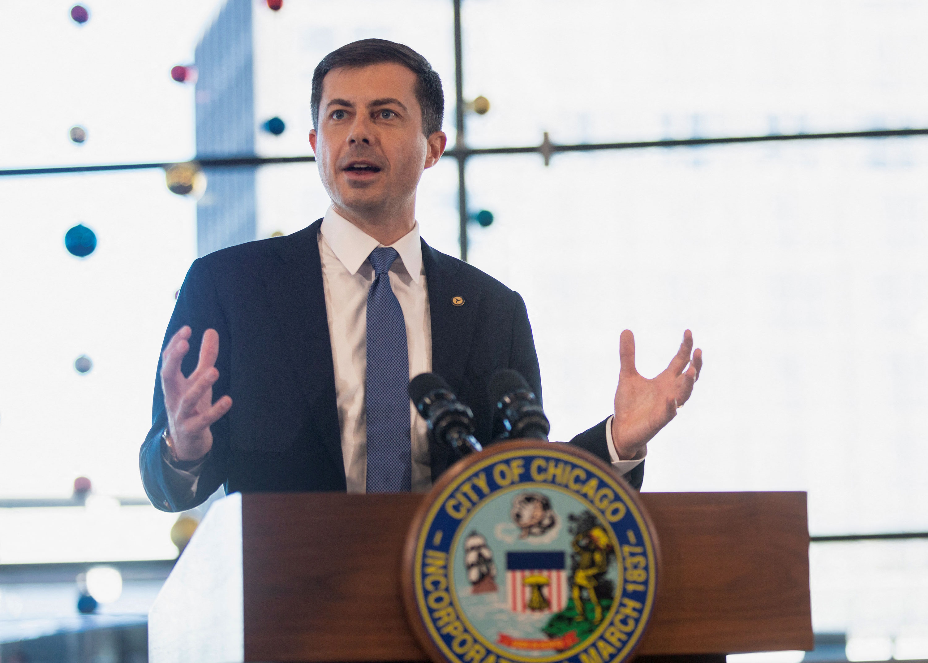 Transportation Secretary Pete Buttigieg speaks ahead of expected Thanksgiving travel at O'Hare airport in Chicago on November 21. 