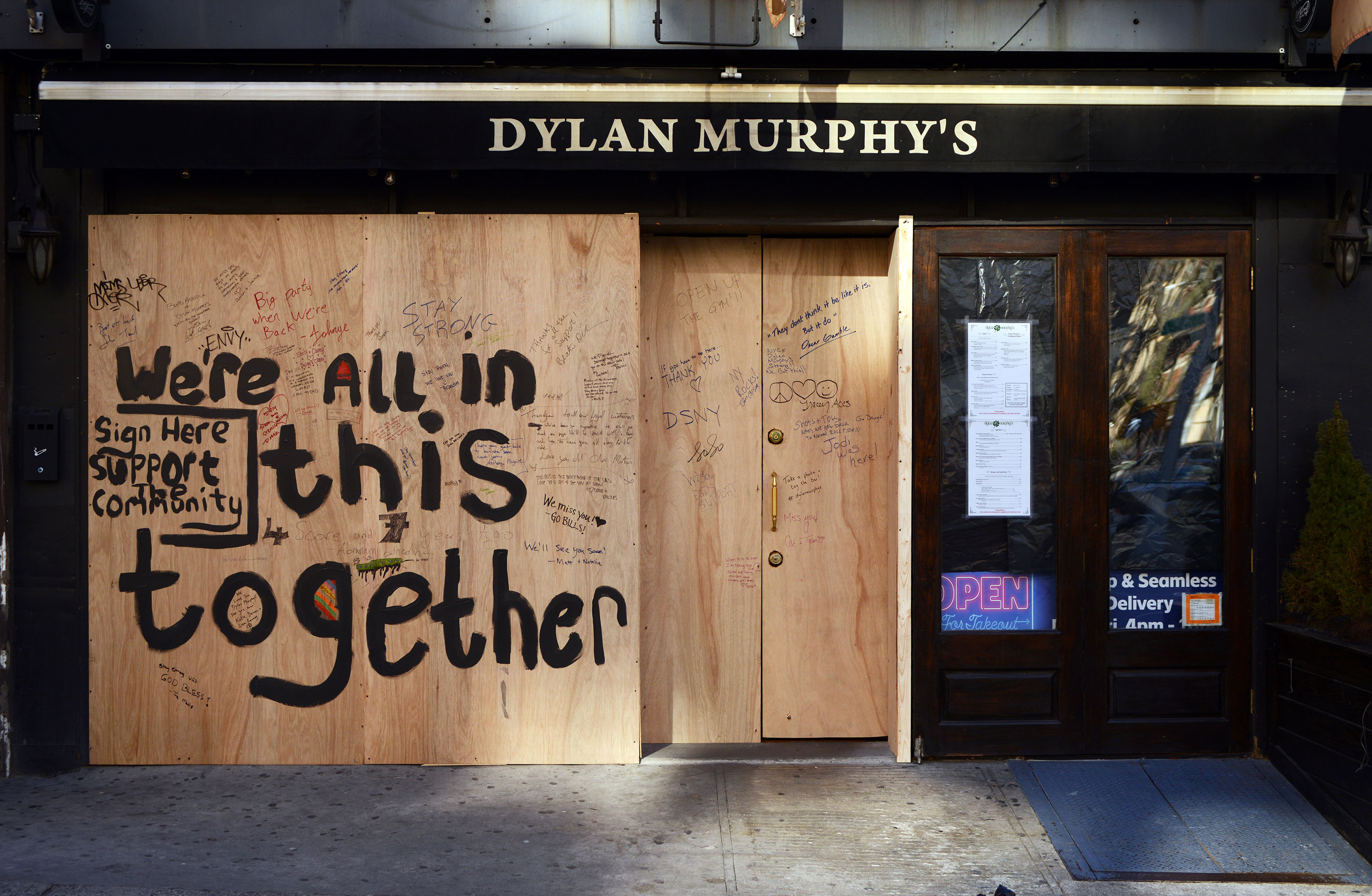 A boarded-up bar on Manhattan's Upper East Side on April 11.