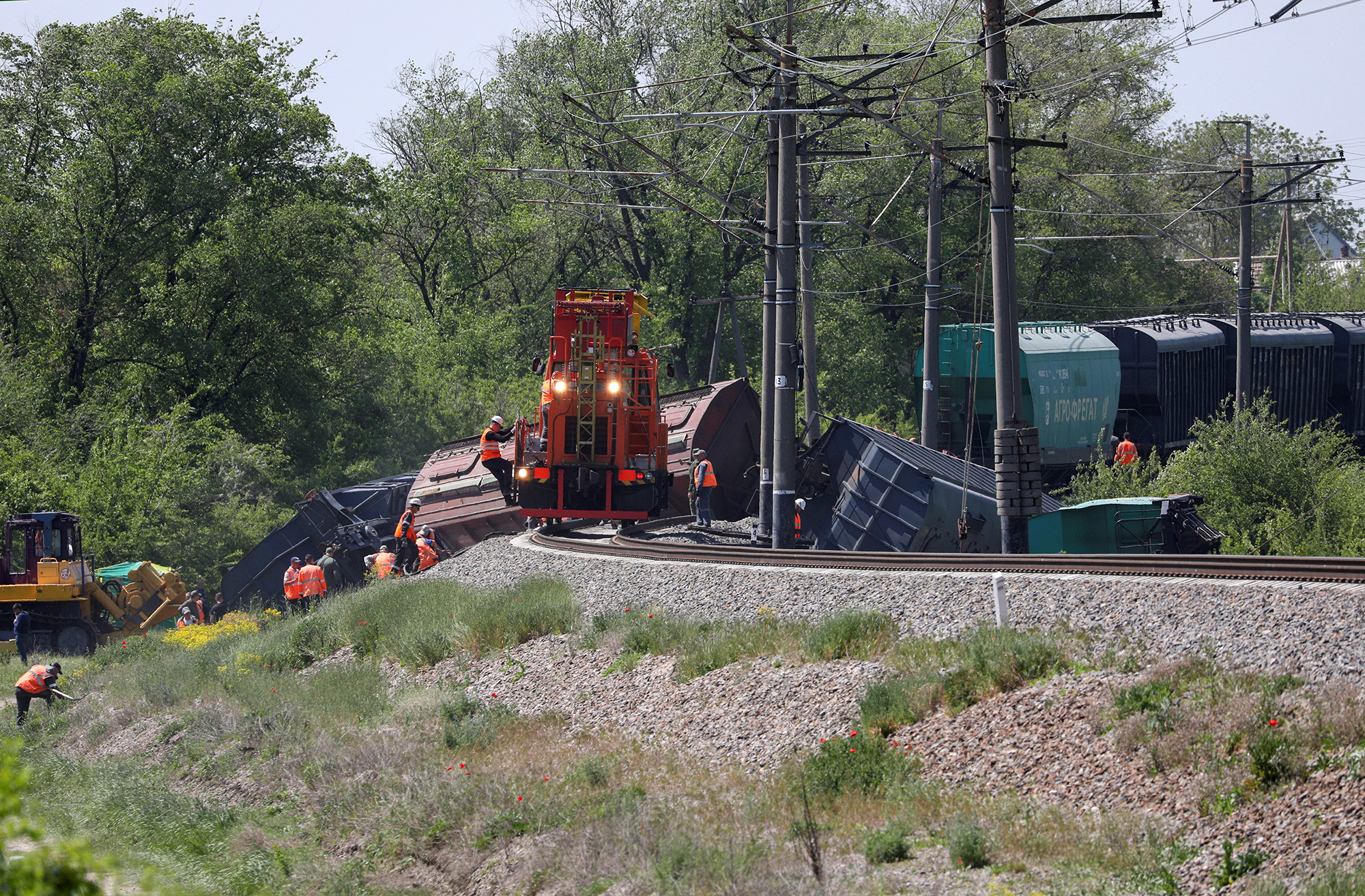 Derailed wagons following an accident involving a freight train carrying grain in the Simferopol District, Crimea, on May 18.