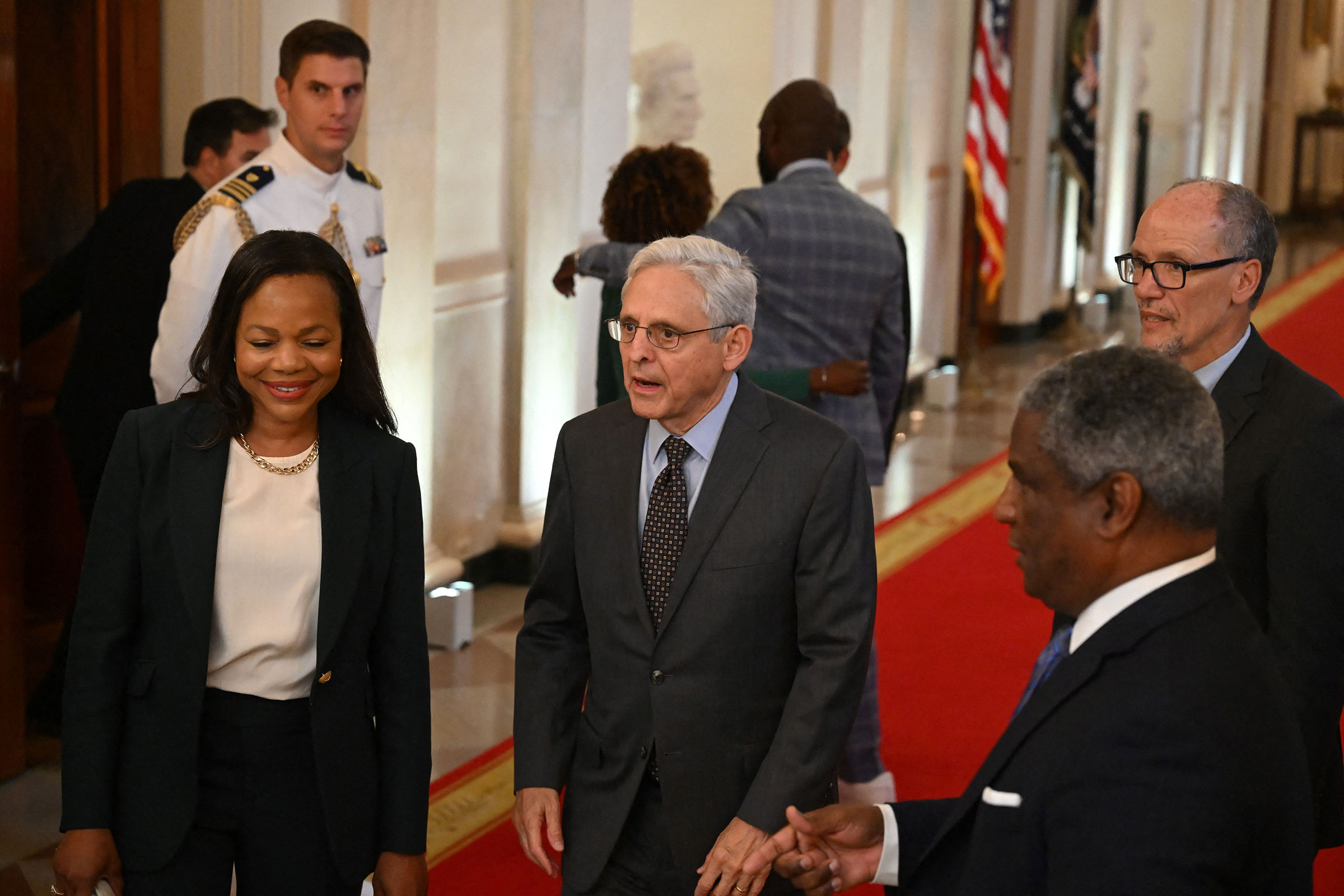 US Attorney General Merrick Garland arrives at a reception hosted by President Joe Biden to commemorate the 60th anniversary of the founding of the Lawyers' Committee for Civil Rights Under Law in the East Room of the White House in Washington, DC, on August 28, 2023. 