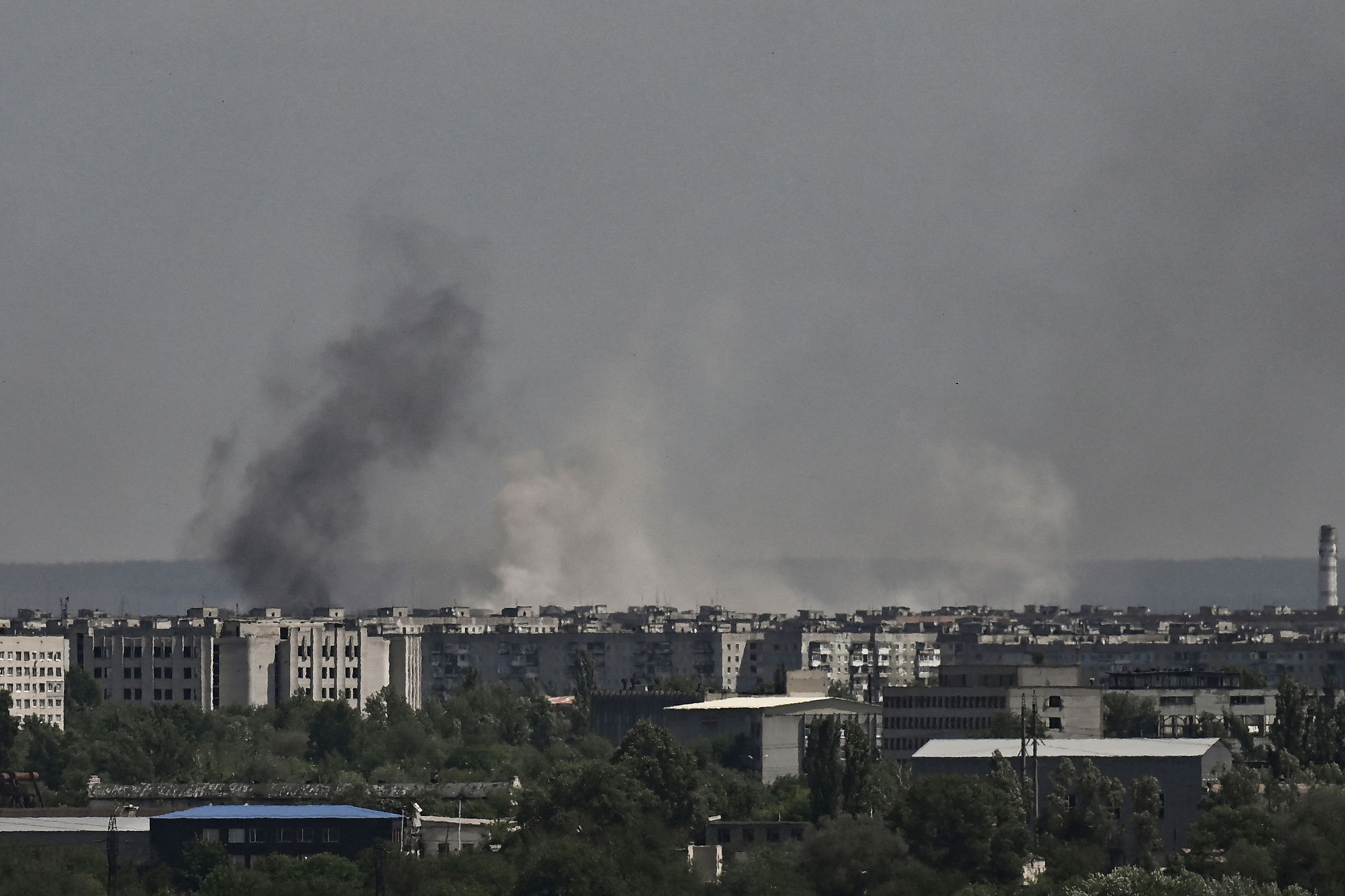 Smoke rises during shelling in the city of Severodonetsk, Ukraine on May 26.