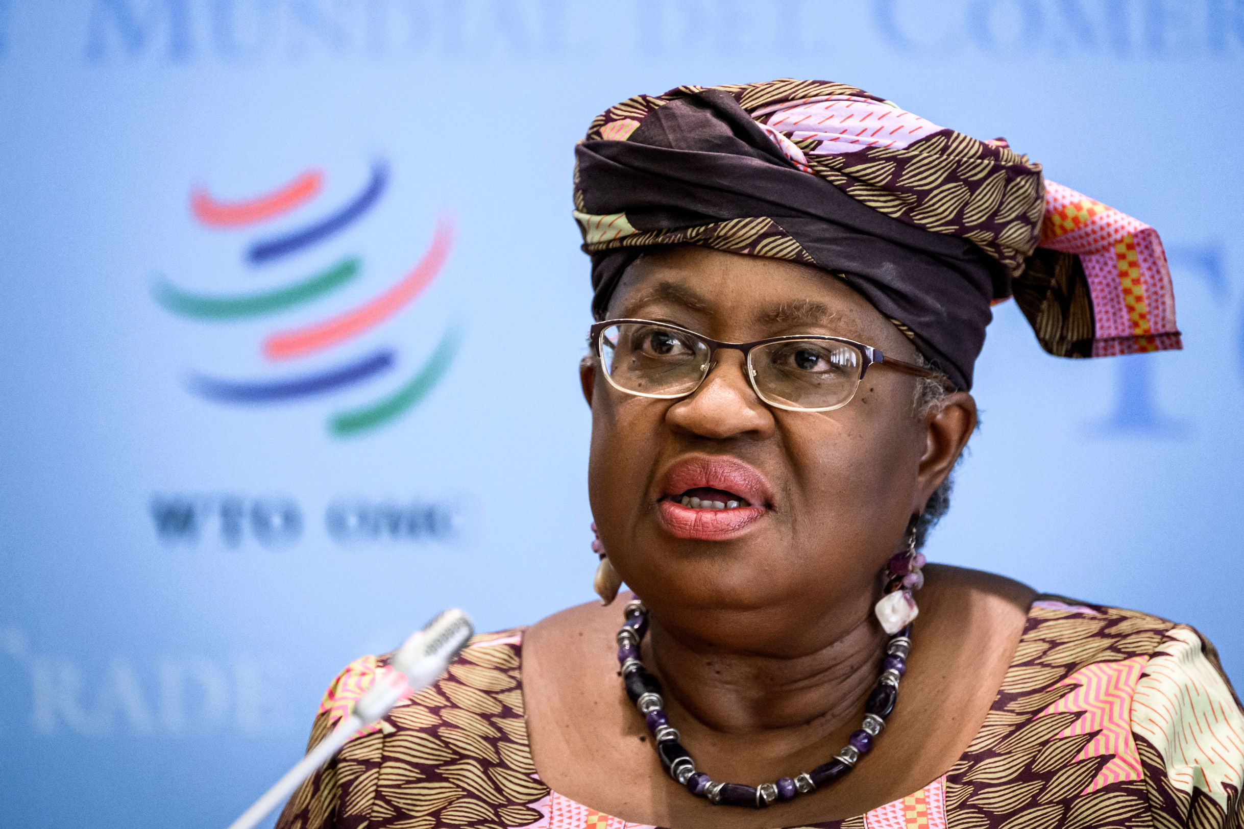WTO director-general Ngozi Okonjo-Iweala speaks at a press conference on WTO trade forecast in Geneva on Tuesday.