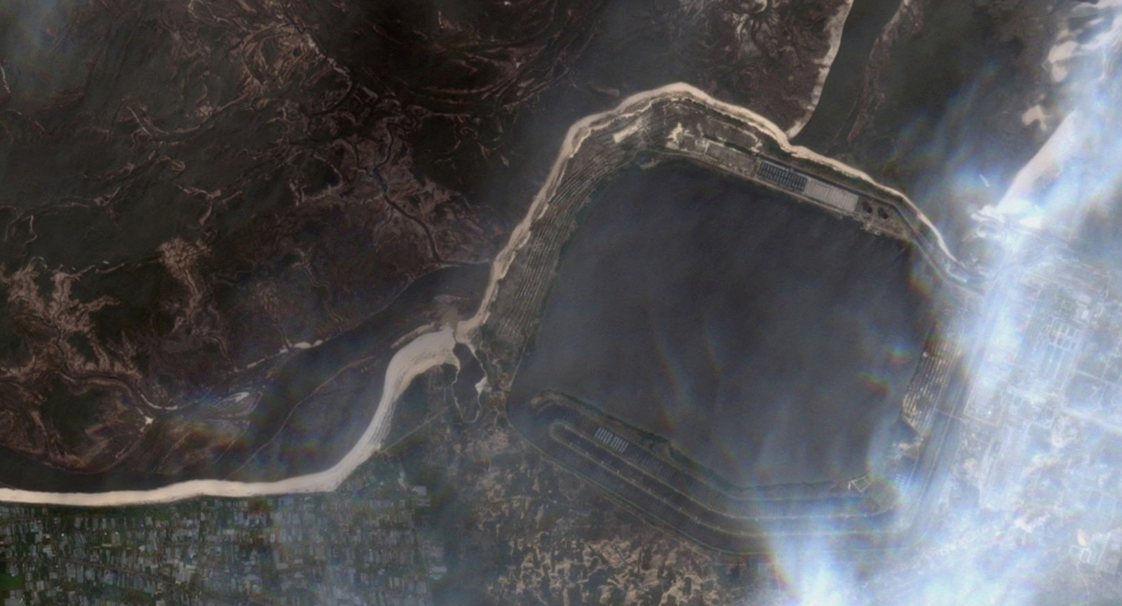 This satellite image shows the water level of the Dnipro River near the Zaporizhzhia nuclear power plant, in Enerhodar, Zaporizhzhia region, Ukraine on June 13.