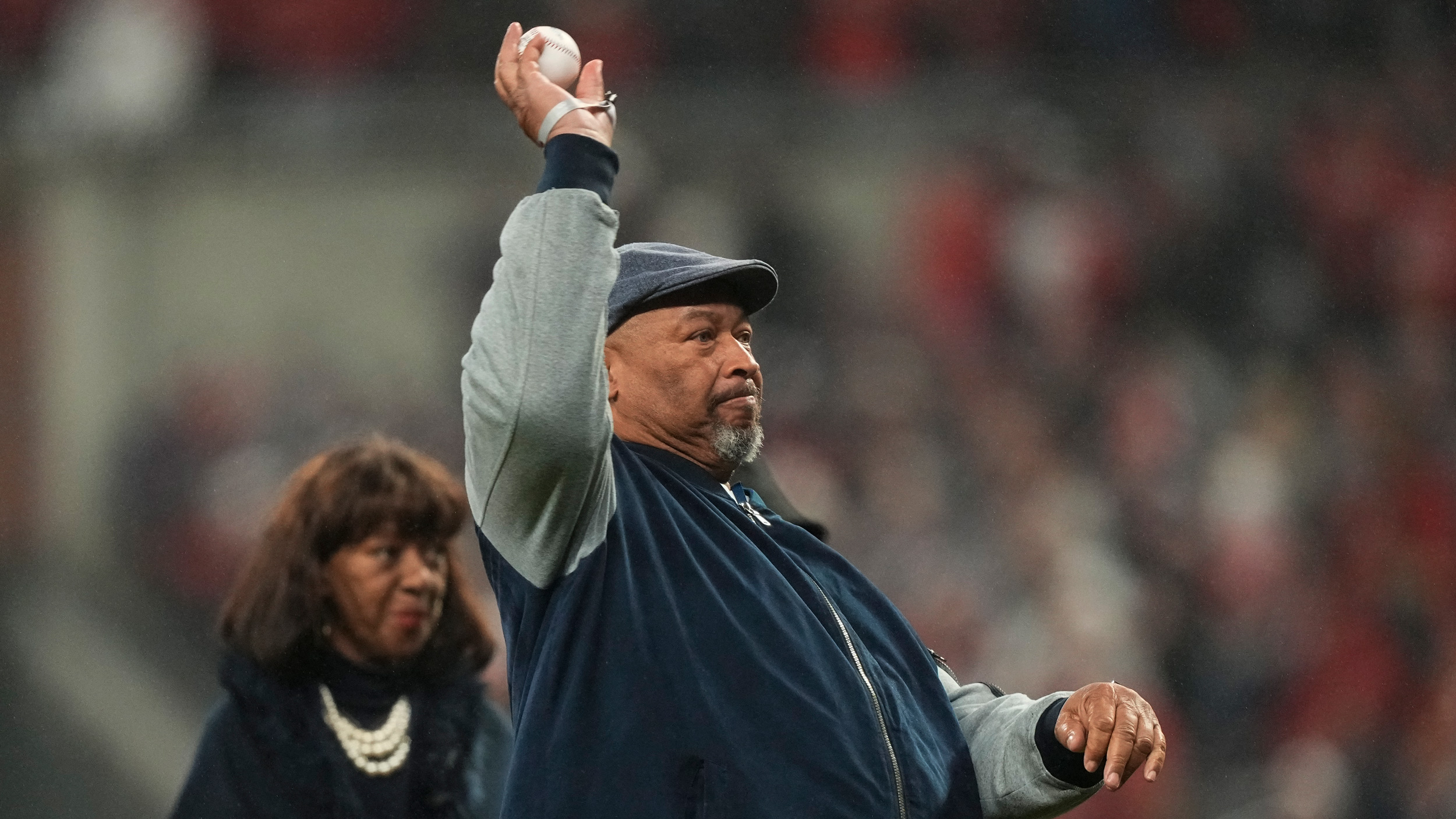 Hank Aaron Jr. throws out the ceremonial first pitch before Game 3 of baseball's World Series between the Houston Astros and the Atlanta Braves on October 29 in Atlanta.