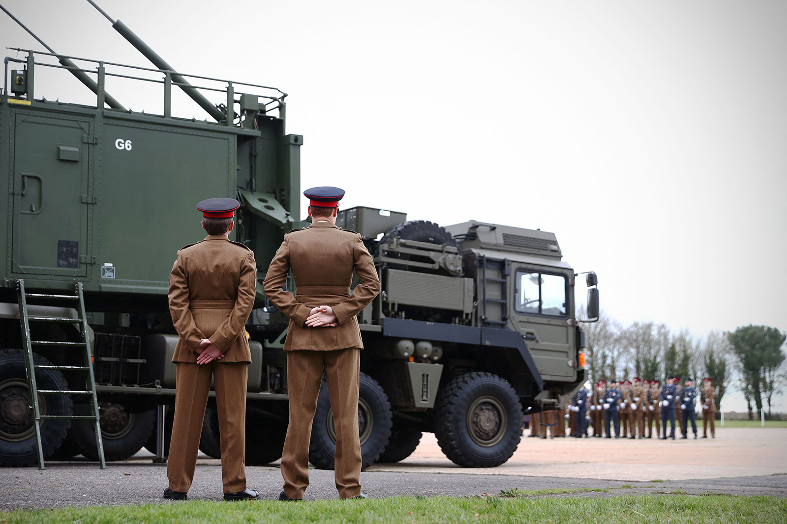 Soldiers stand beside the Sky Sabre air defense system at the Royal Artillery's change of colors parade on Thorney Island in England on January 27. 