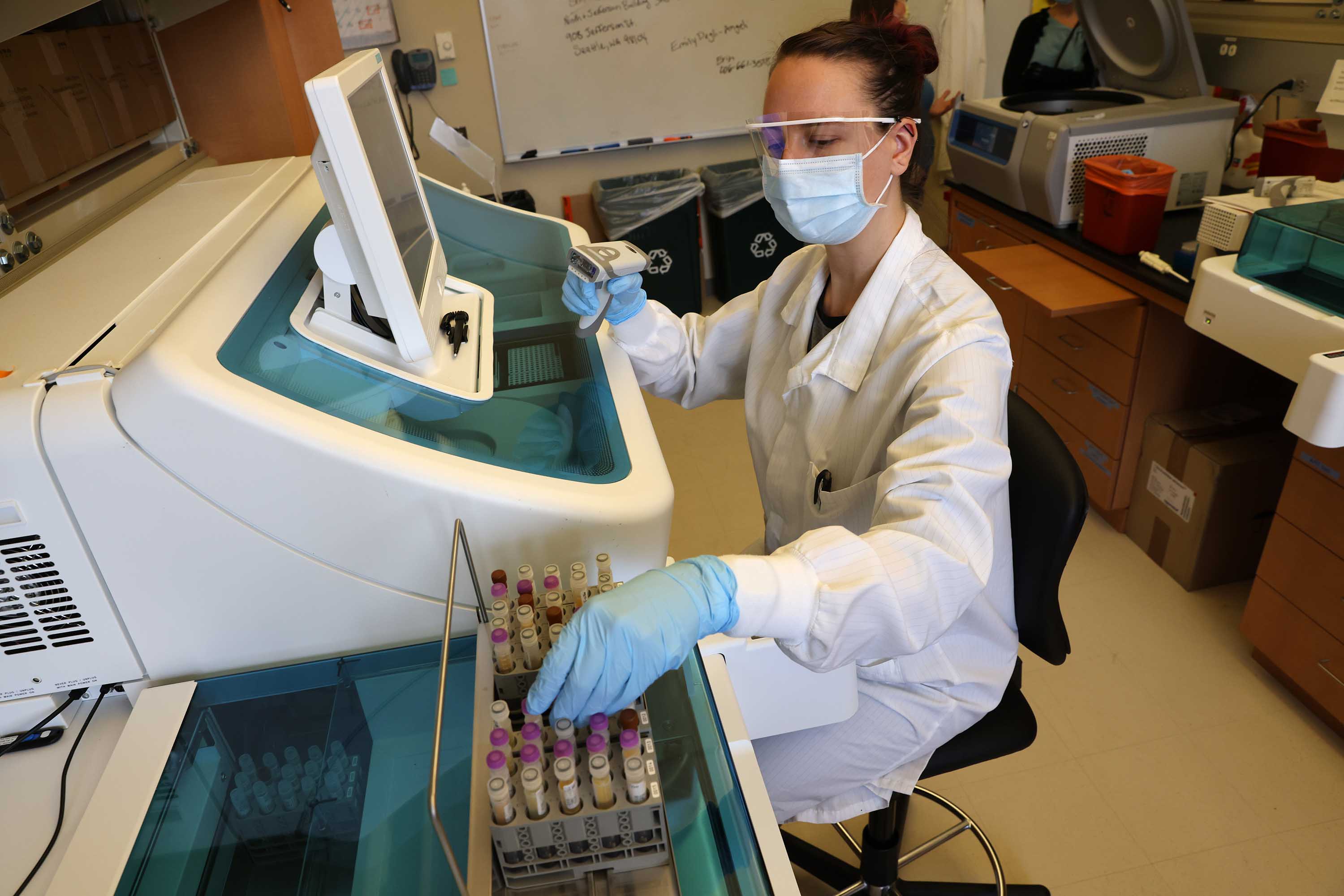 Medical laboratory scientist Anielia Sobel tests samples from the Novavax Phase 3 Covid-19 clinical vaccine trial at the UW Medicine Retrovirology Lab in Seattle, Washington, on February 12.