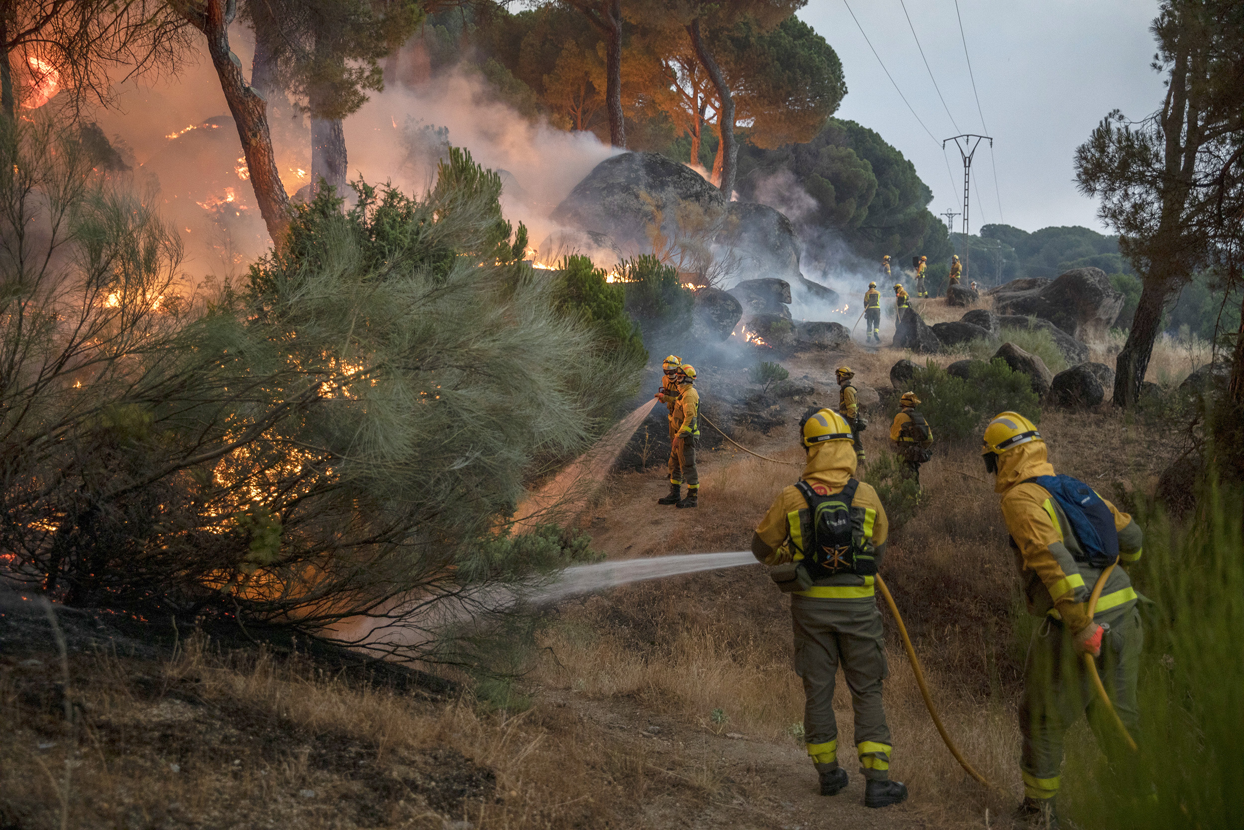 Firefighters from the Brigadas de Refuerzo en Incendios Forestales (BRIF) tackle a forest fire at El Hoyo de Pinares on July 18, in Avila, Spain