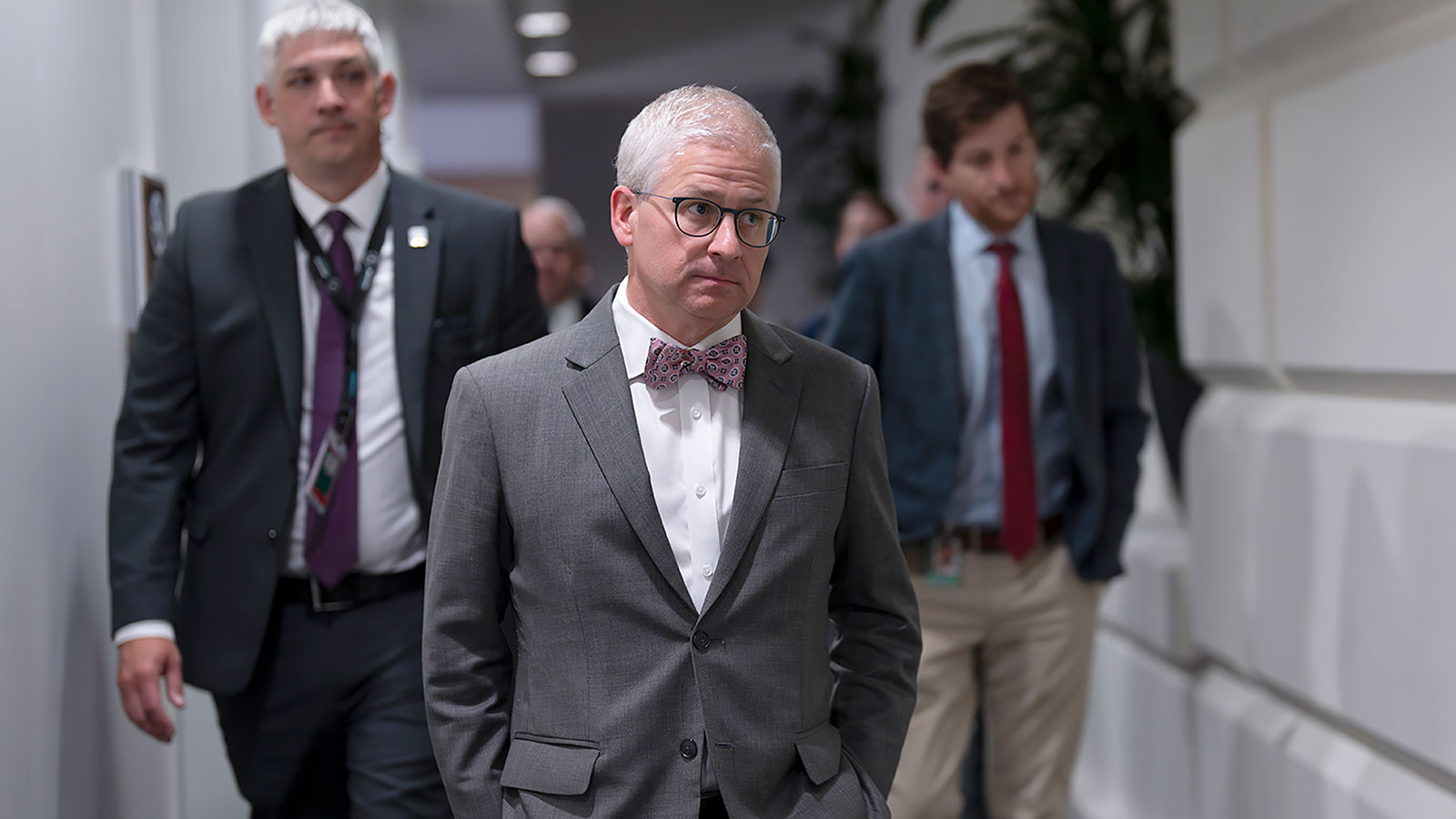 McHenry walks to a meeting of the House Republican Conference after former House Speaker Kevin McCarthy was voted out , on Tuesday, October 3.