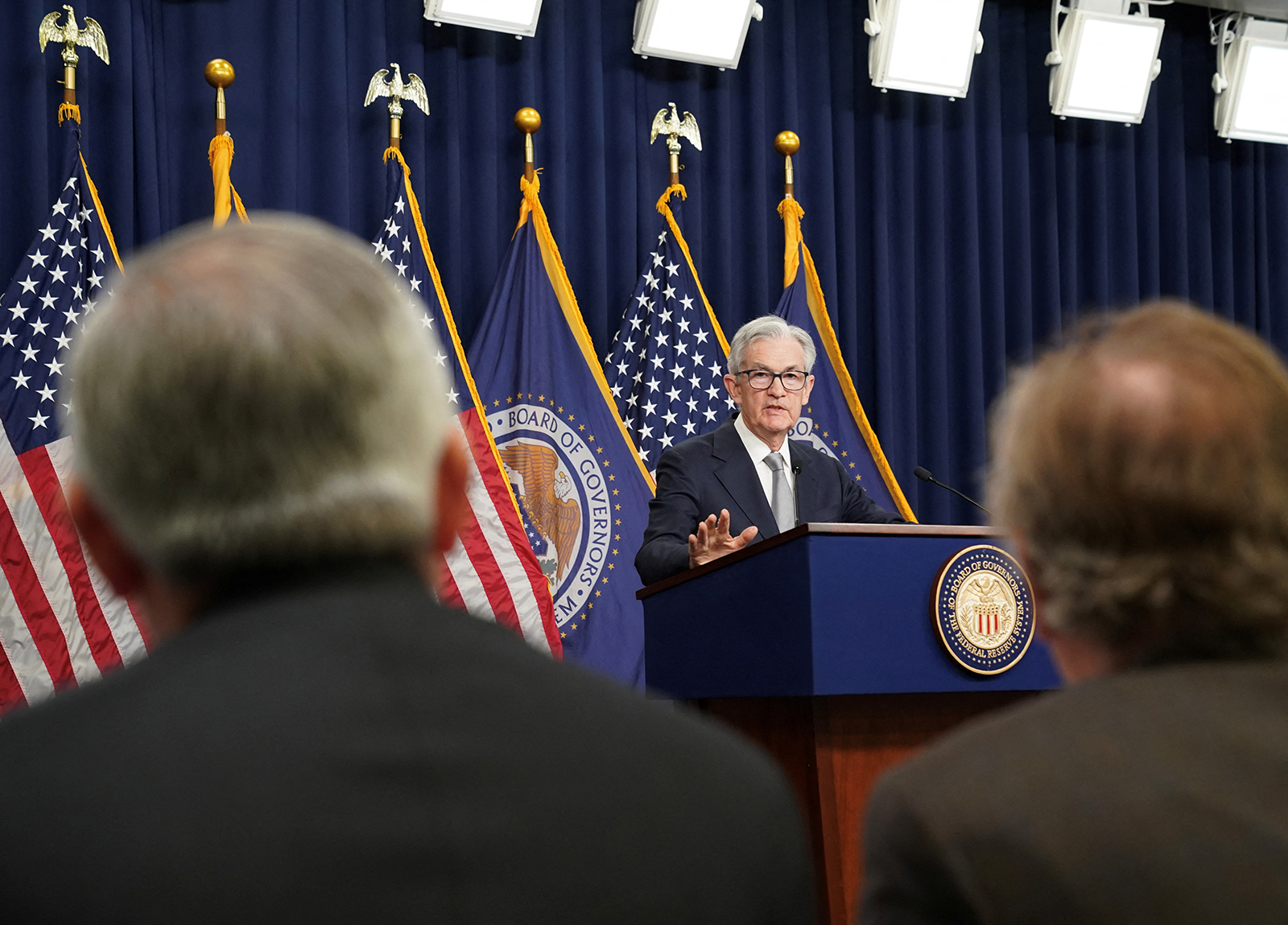 Federal Reserve Board Chairman Jerome Powell answers a question at a press conference following a closed two-day meeting of the Federal Open Market Committee on interest rate policy at the Federal Reserve in Washington, today.