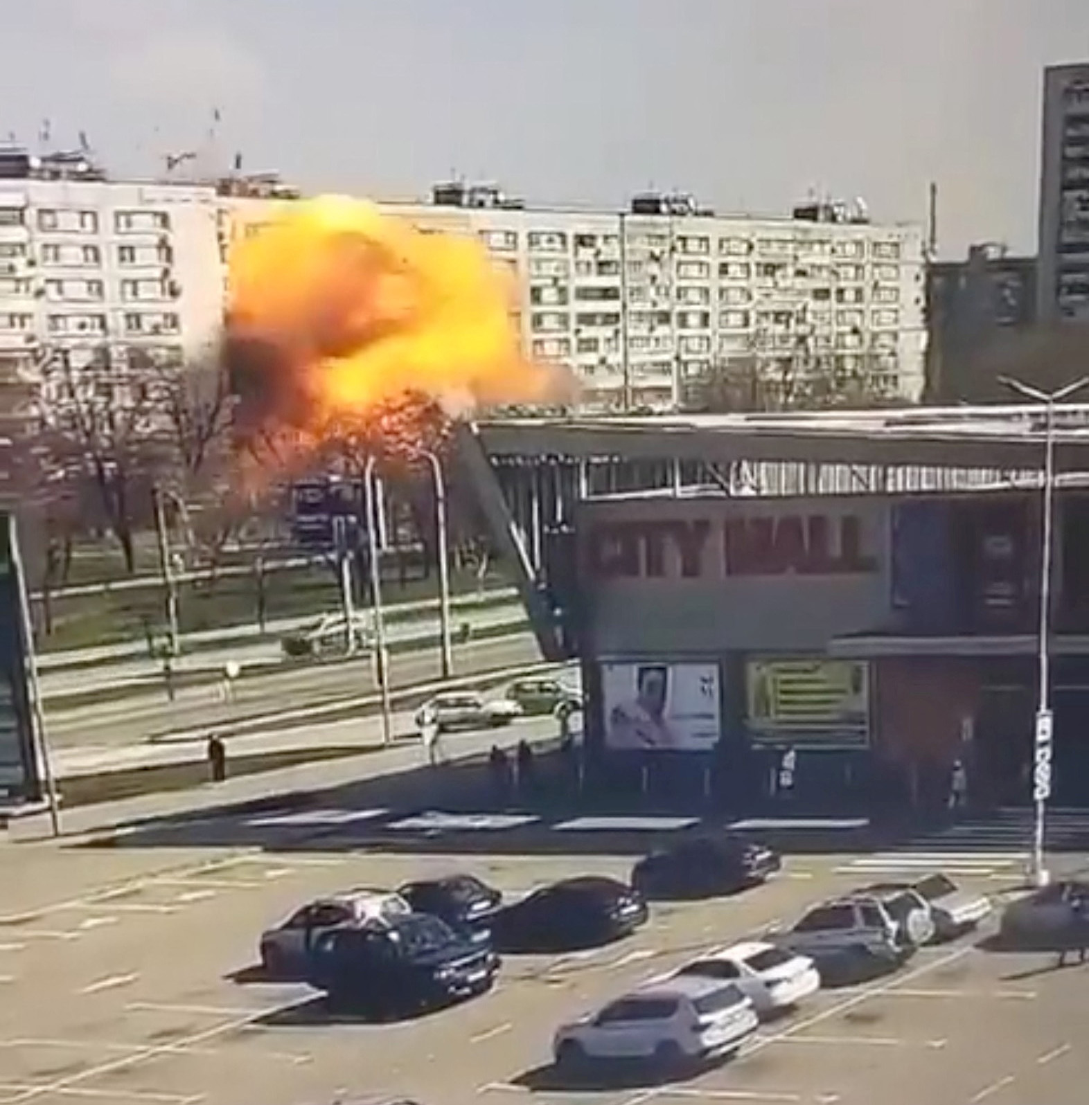 CCTV footage of the moment of a missile strikes a residential building in Zaporizhzhia, Ukraine, on March 22, in this screengrab obtained from a social media video. 