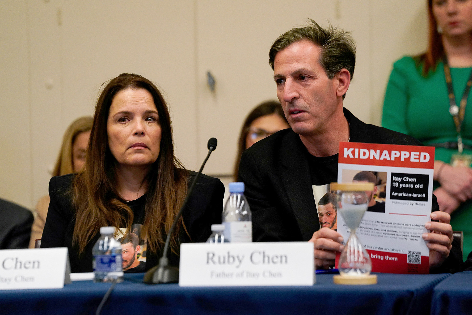 Hagit and Ruby Chen, parents of Itay Chen, speak during a U.S. House Foreign Affairs Middle East, North Africa, and Central Asia Subcommittee roundtable discussion with family members of individuals being held hostage by Hamas, on Capitol Hill in Washington, on November 29.