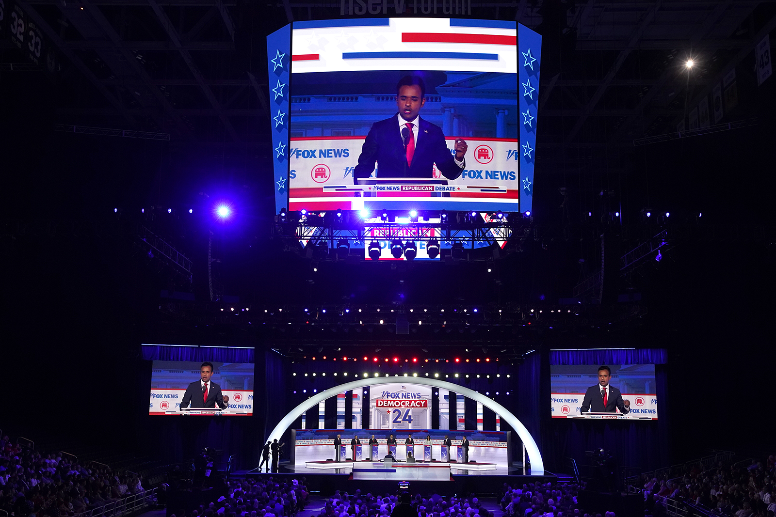 Vivek Ramaswamy is displayed on screens during the Republican primary debate in Milwaukee, Wisconsin, on August 23. 
