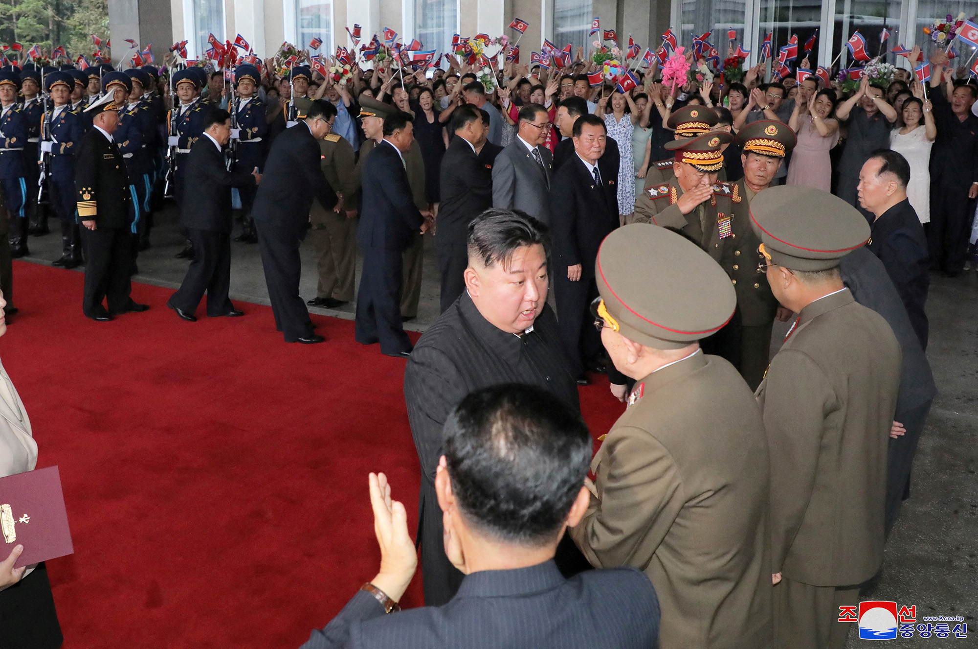 North Korean leader Kim Jong Un, center, accompanied by Ri Pyong Chol, vice chairman of the ruling Workers' Party's Central Military Commission, Pak Jong Chon, the new head of the party's military-political leadership, Su Yong, party secretary and director of the economy department, Pak Thae Song, party secretary and chairman of a national space science and technology committee, depart Pyongyang, North Korea, to visit Russia, on September 10, in this handout image. 
