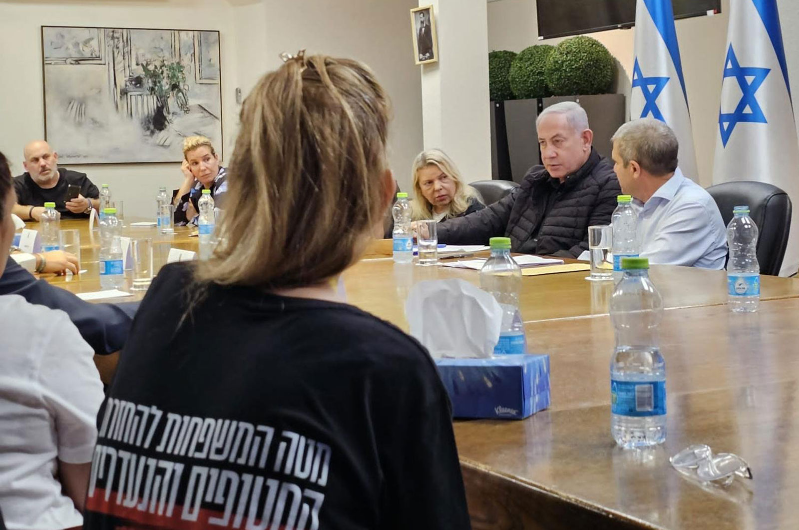 Israeli Prime Minister Benjamin Netanyahu meets with families of hostages in Tel Aviv, Israel, on October 28. 