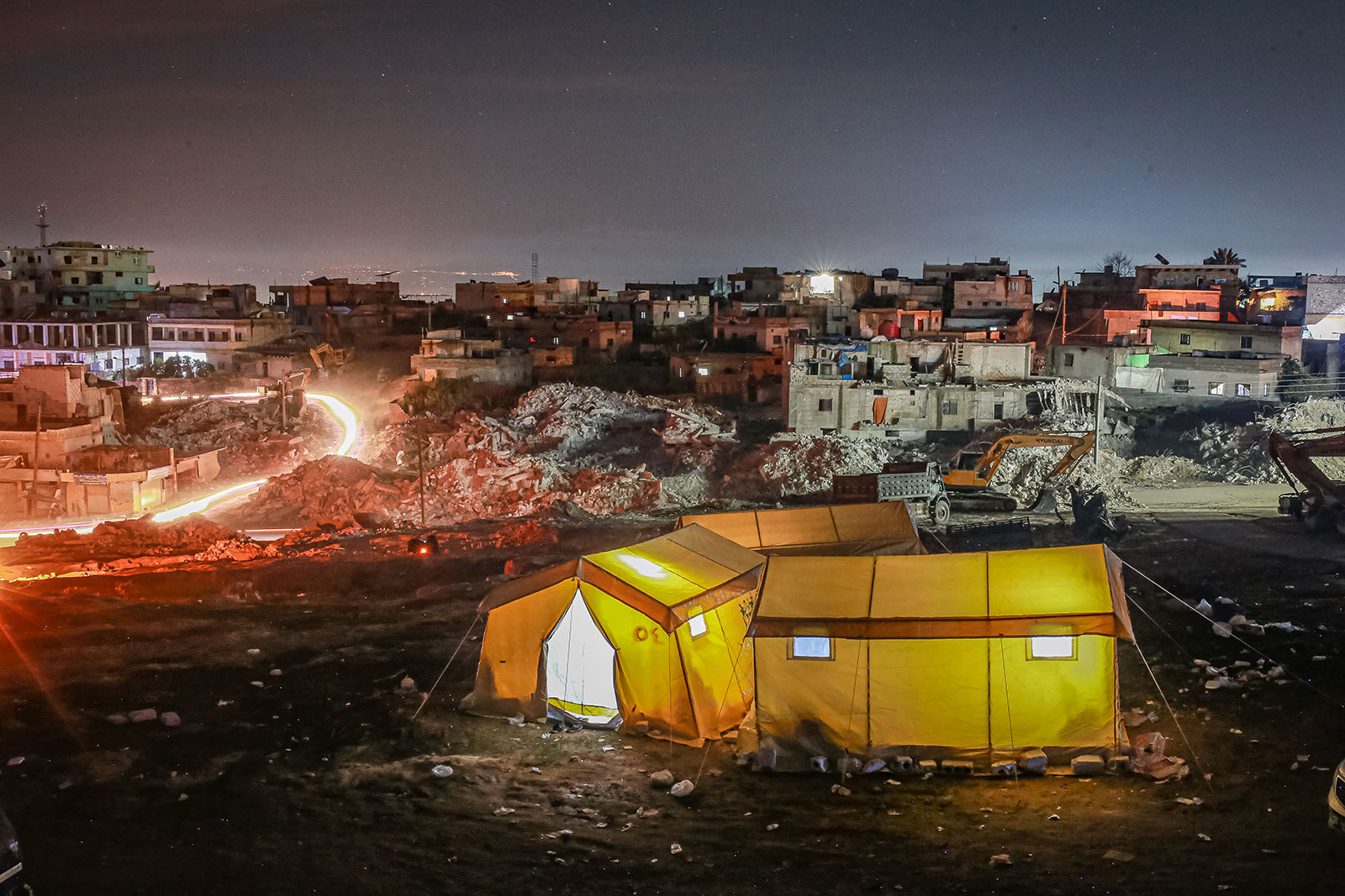 Tents are set up in Idlib, Syria, for earthquake survivors on Thursday evening. 