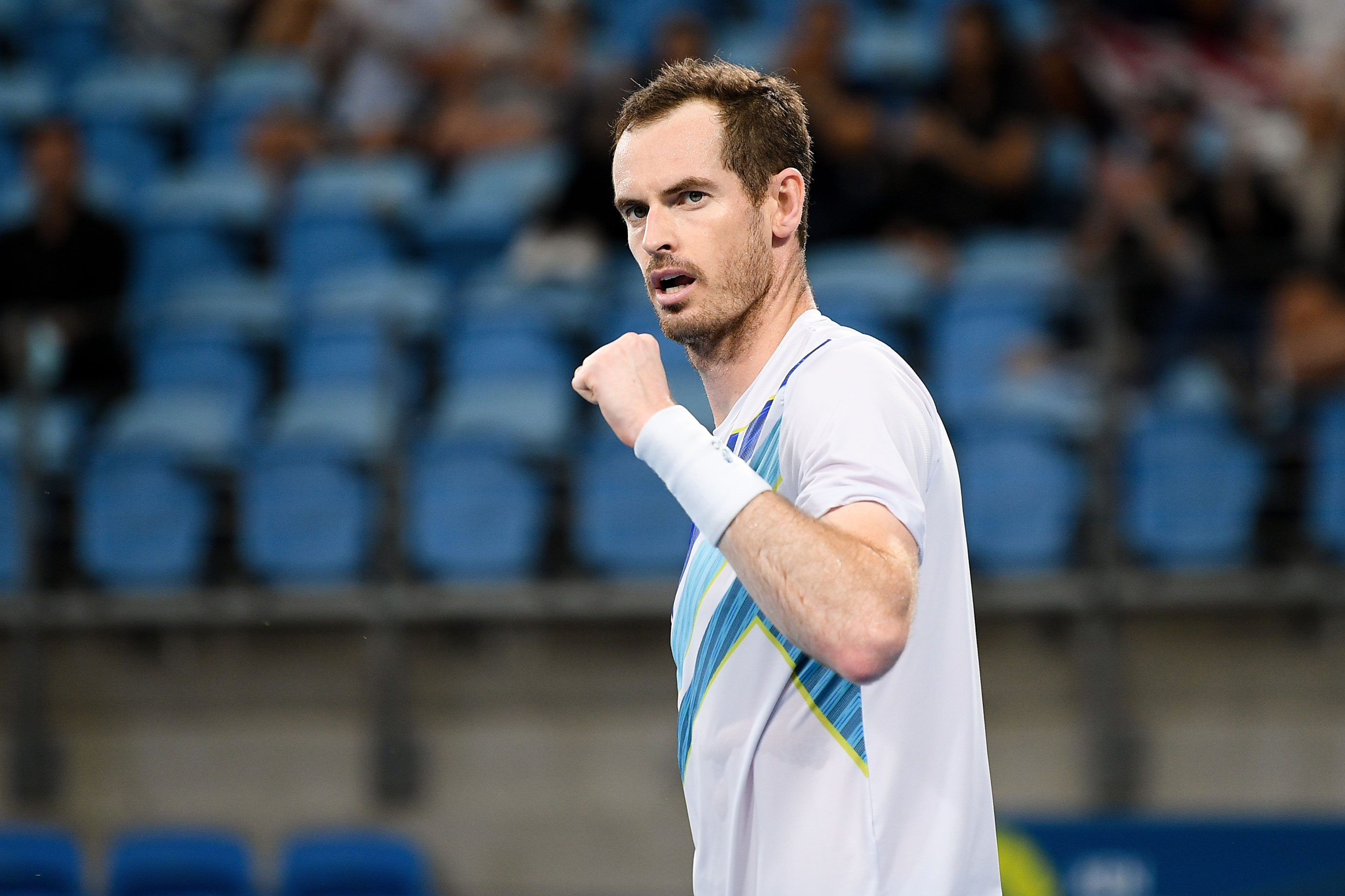 Andy Murray of Great Britain pumps his fist after winning his semifinal match at the Sydney Classic on Friday.