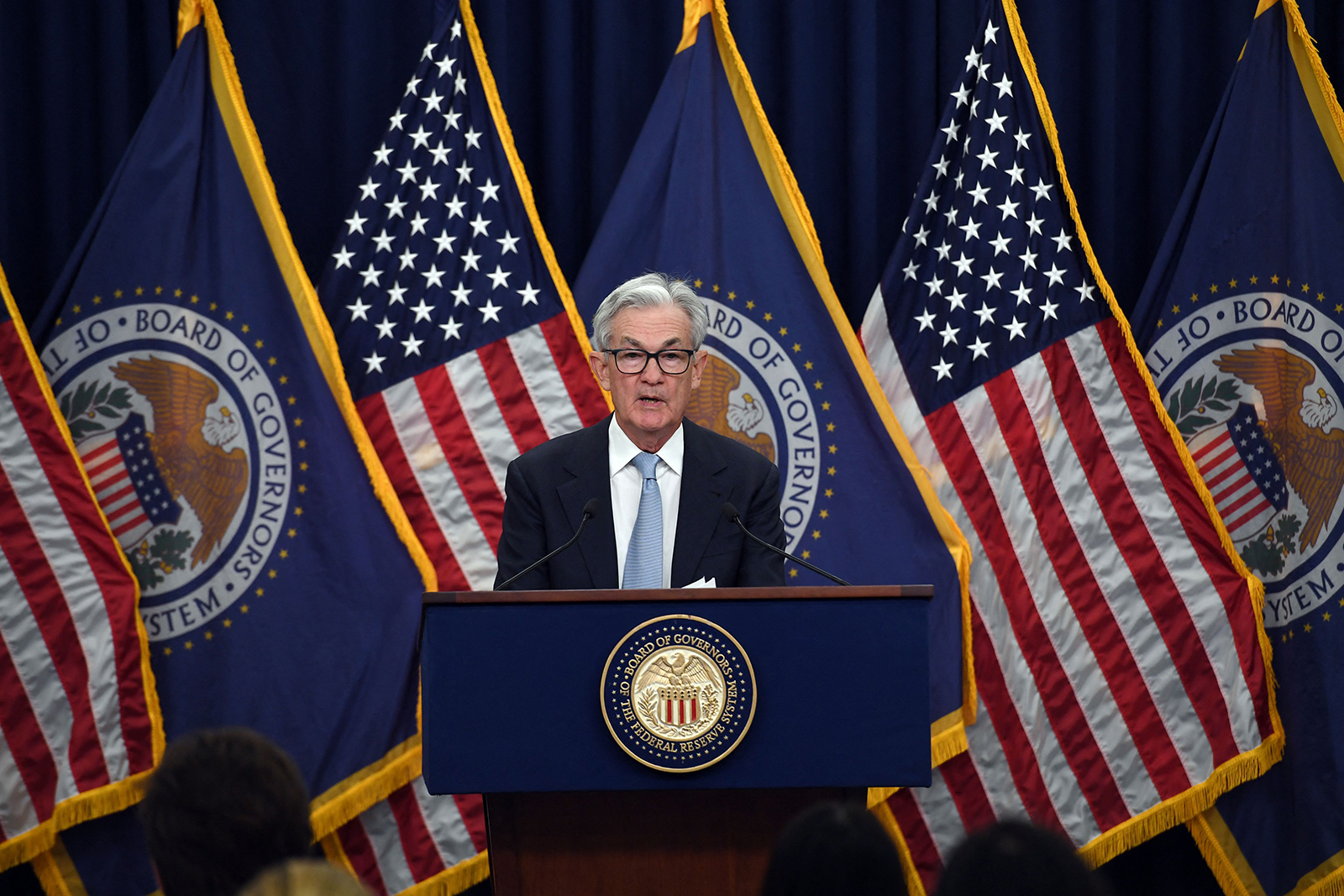 Federal Reserve Board Chair Jerome Powell speaks during a news conference at the Federal Reserve in Washington, DC, today.