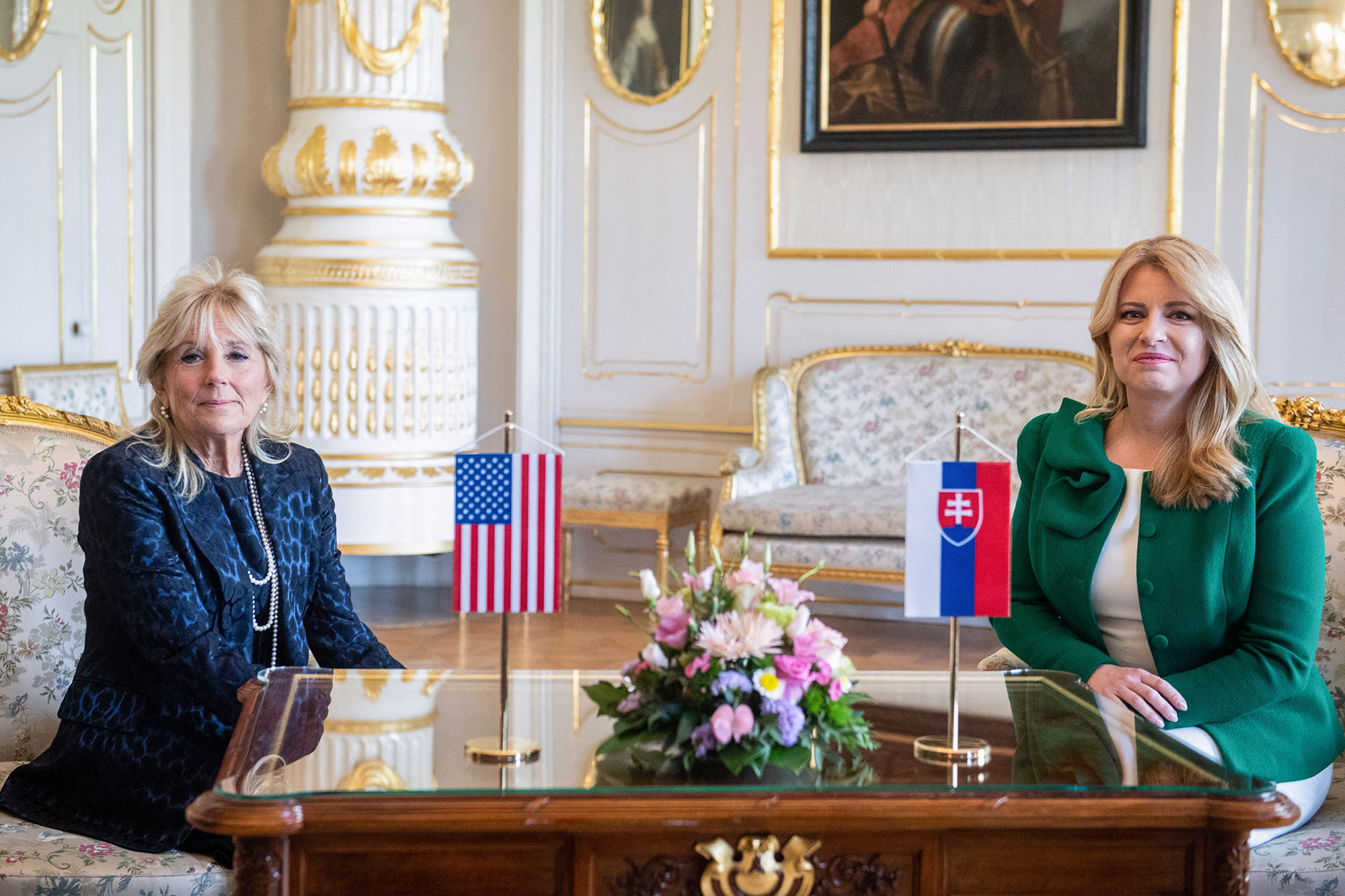 US First Lady Jill Biden, left, and Slovak President Zuzana Caputova, right, pose for a photo prior talks inside the Presidential Palace in Bratislava, Slovakia, on May 9.