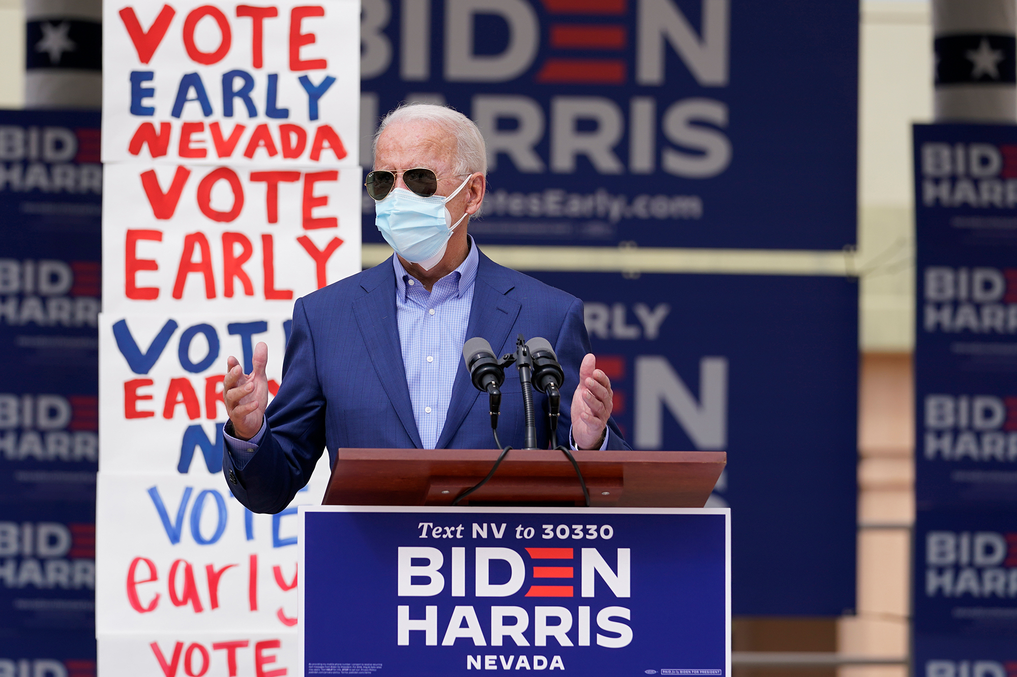 Democratic presidential candidate former Vice President Joe Biden speaks as he visits East Las Vegas Community Center, Friday, Oct. 9, 2020, in Las Vegas. 