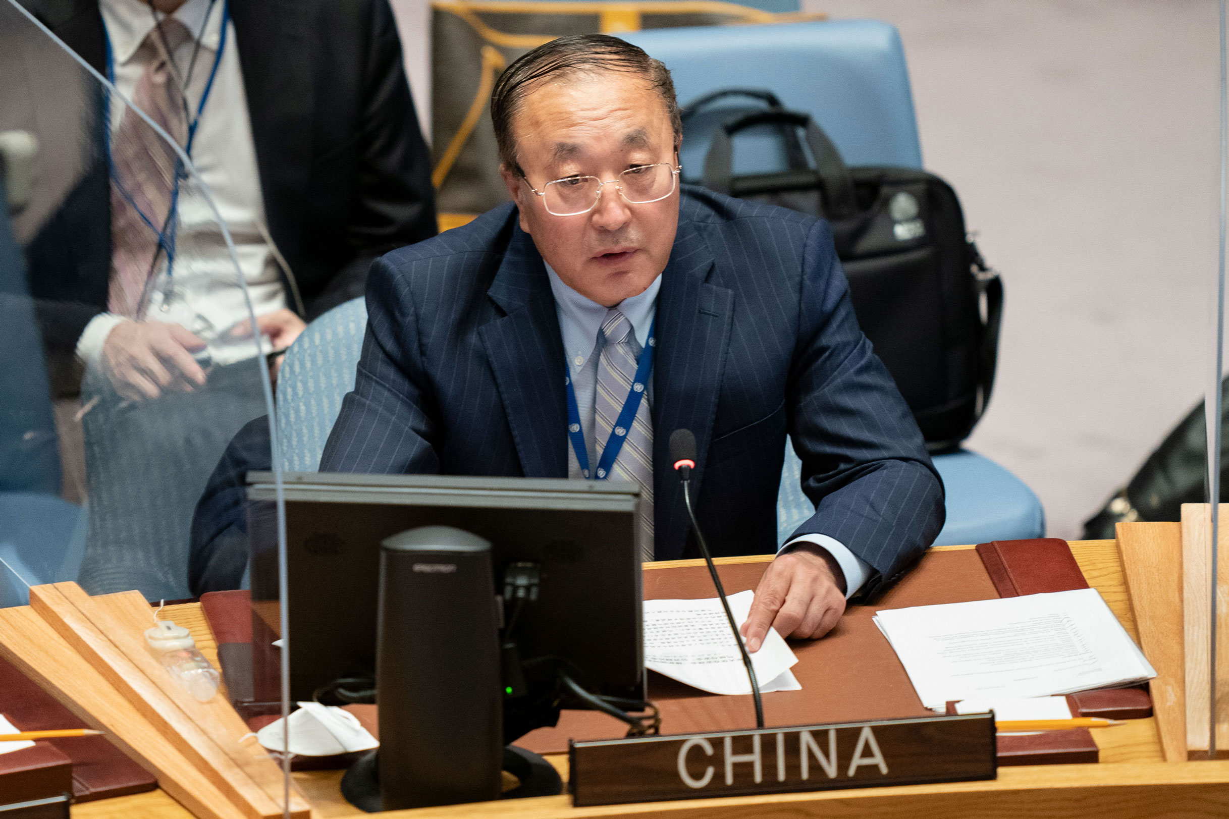 Zhang Jun, permanent representative of China to the United Nations, speaks during a meeting of the United Nations Security Council on Sept. 23, 2021.