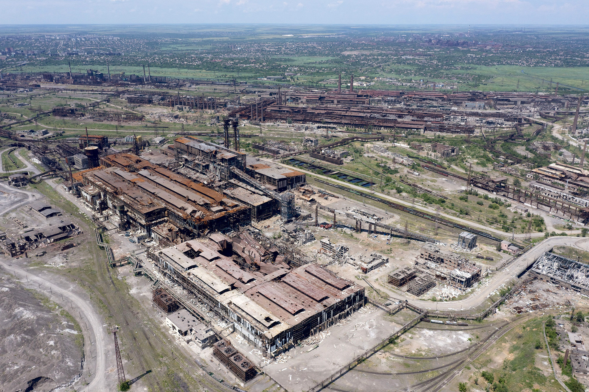 An aerial view shows ruins of the Azovstal steel plant in Mariupol, Ukraine, on June 13.
