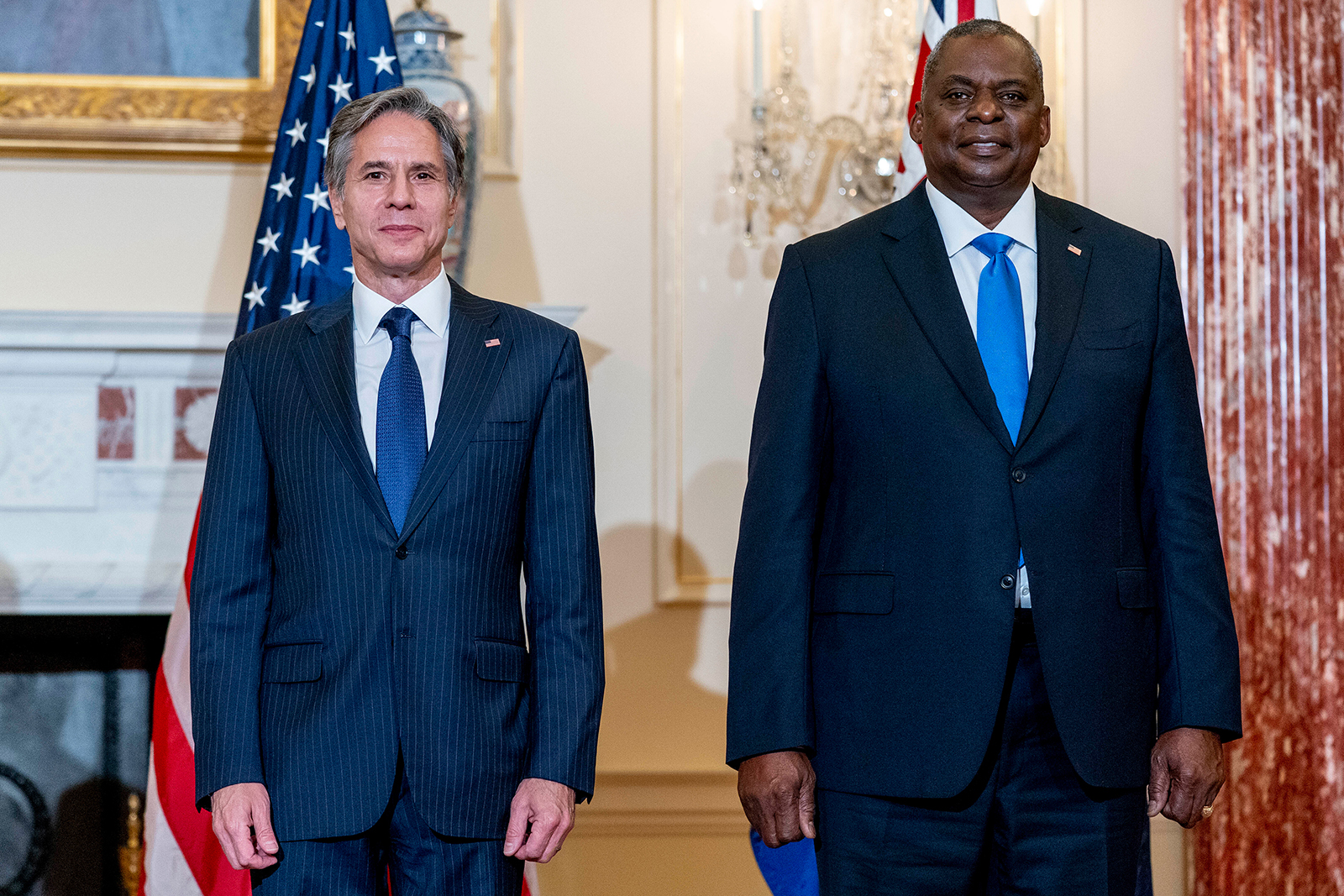 Secretary of State Antony Blinken, and Defense Secretary Lloyd Austin pose for a photograph at the State Department in Washington, on Thursday, Sept. 16, 2021. 