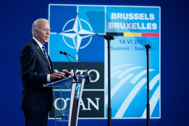 President Joe Biden speaks during a news conference at the NATO summit at NATO headquarters in Brussels, Monday, June 14.