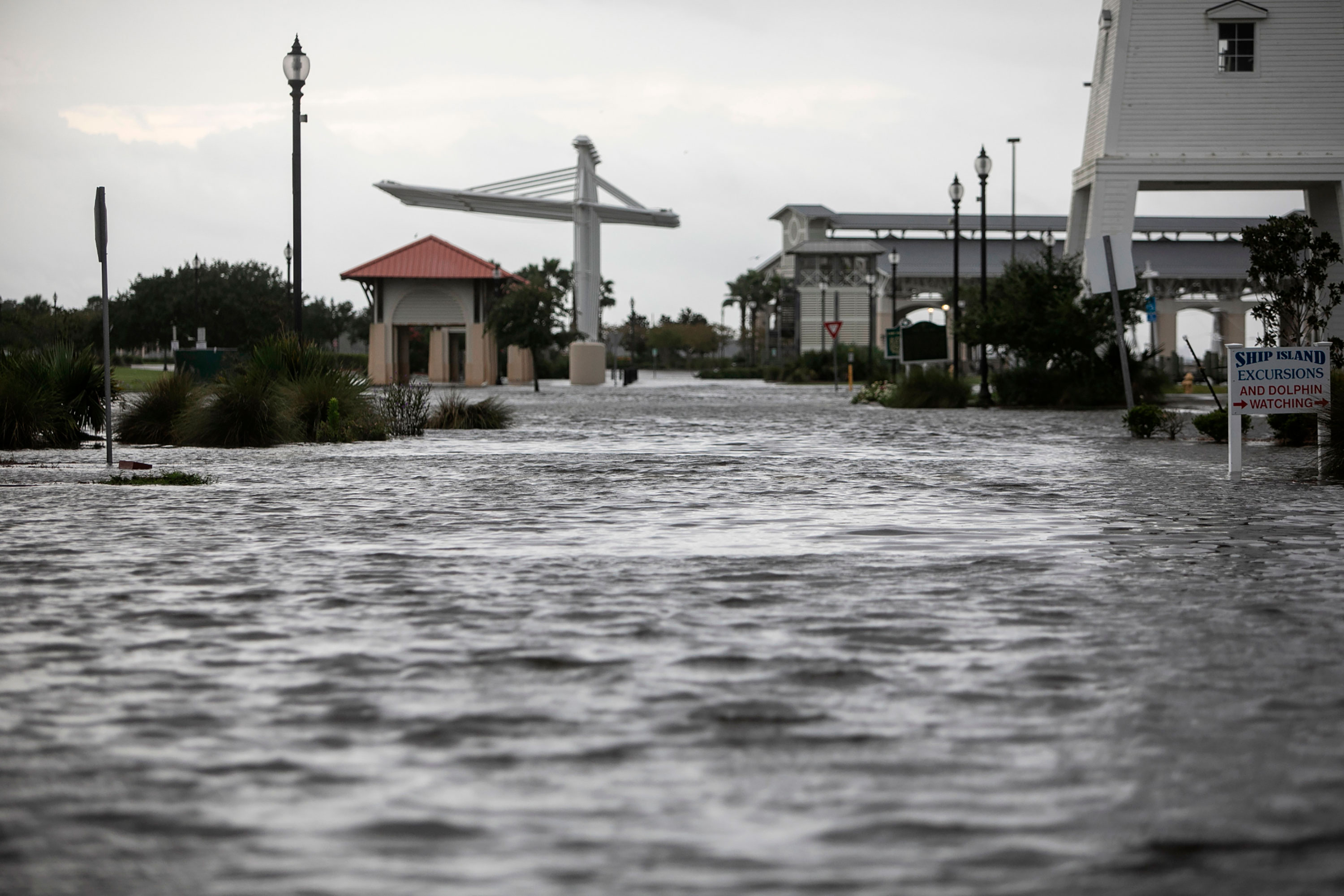 Jones Park in Gulfport, Mississippi, is flooded ahead of the storm's landfall on August 29, 2021.
