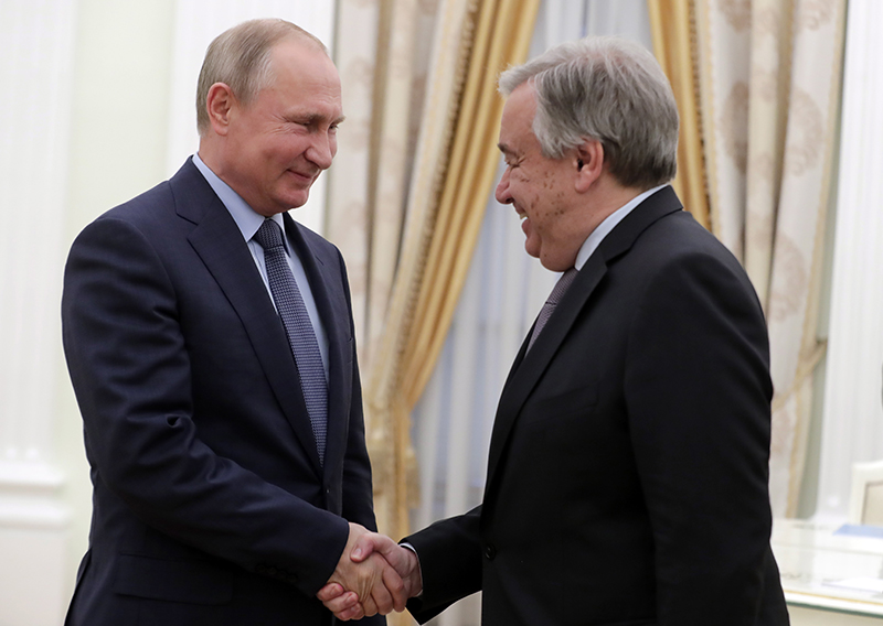 Russian President Vladimir Putin meets with UN Secretary General Antonio Guterres in Moscow, on Tuesday.