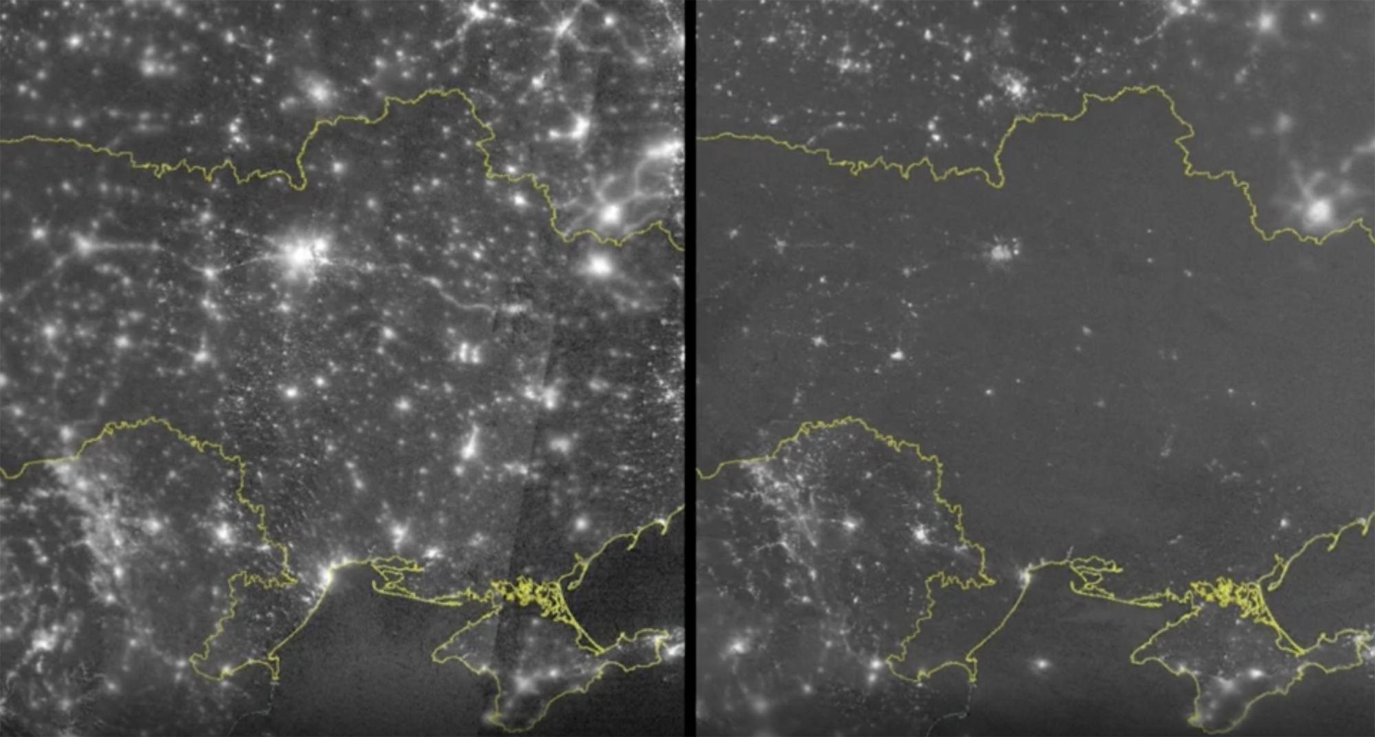 Satellite photos show the difference in illumination from Ukraine from January, on the left, to November, on the right.