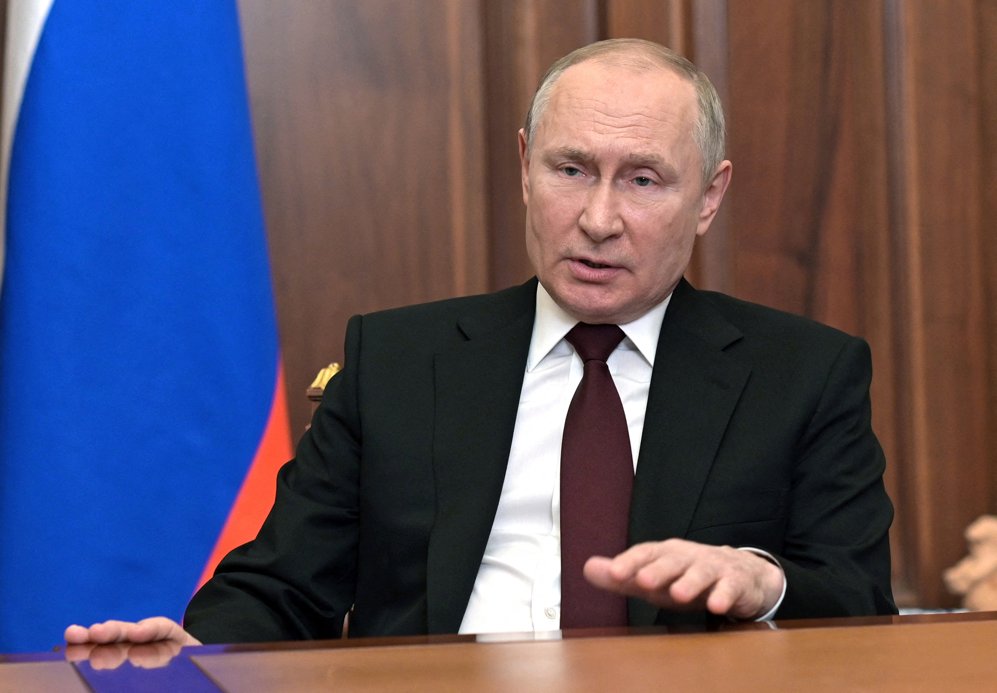 Russian President Vladimir Putin speaks during his address to the nation in Moscow, on February 21.